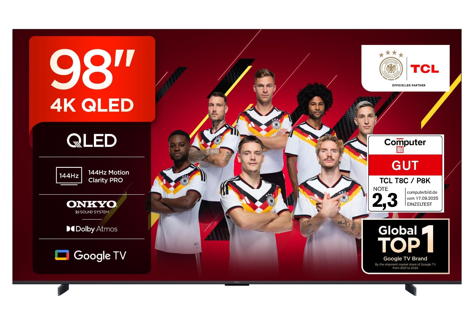 TCL 98T8C 98 Zoll QLED 4K HDR Ultra HD Fernseher, Smart TV mithilfe von Google TV (Dolby Vision Atmos, 144Hz Motion Clarity Pro, Game Bar, ALLM, FreeSync, Onkyo 2.1 Sound,Sprachsteuerung)