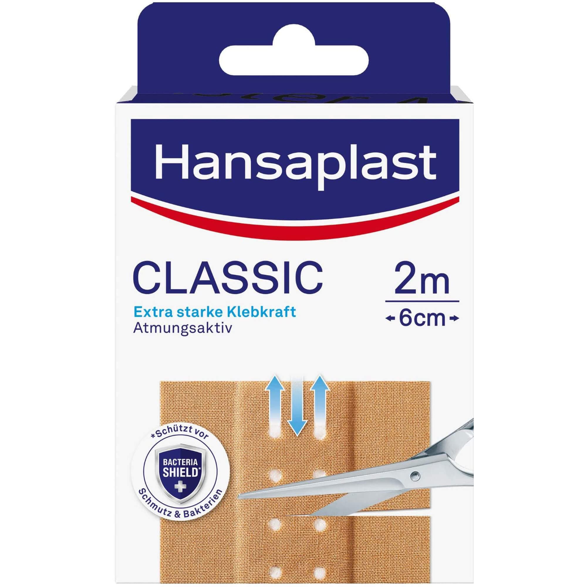 Hansaplast Classic Pflaster (2 m x 6 cm), zuschneidbare Wundpflaster mit extra starker Klebkraft & Bacteria Shield, flexibles und atmungsaktives Verbandsmaterial