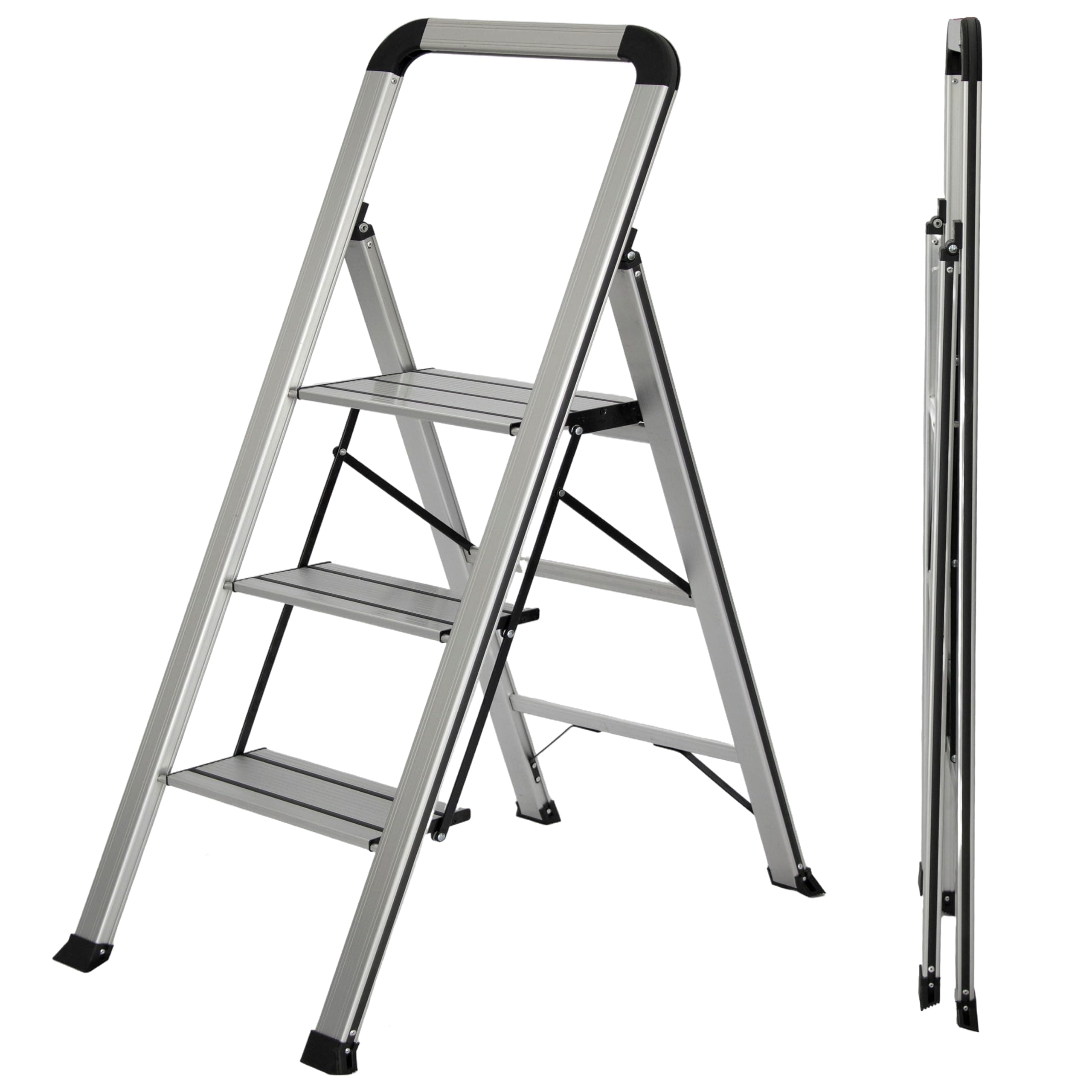 UZIRO Escalera 3 Peldaños, Escaleras Plegables de Aluminio Liviana, Decorativa, Peldaños Anchos Antideslizantes, Mecanismo Antiplegado, Compacta, Fácil de Guardar (3 Peldaños)