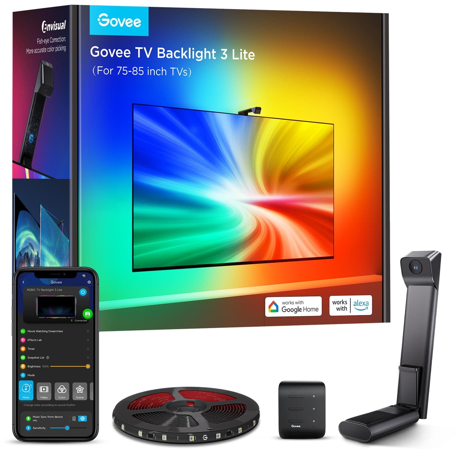 Govee Luci LED TV WiFi RGBICW da 5m con Fotocamera, LED TV Retroilluminazione 3 Lite con Correzione Fish-Eye Funzione, 4 Colori in 1 Lampada, Controllo Vocale e APP, Aplicable a TV da 75-85 pollici
