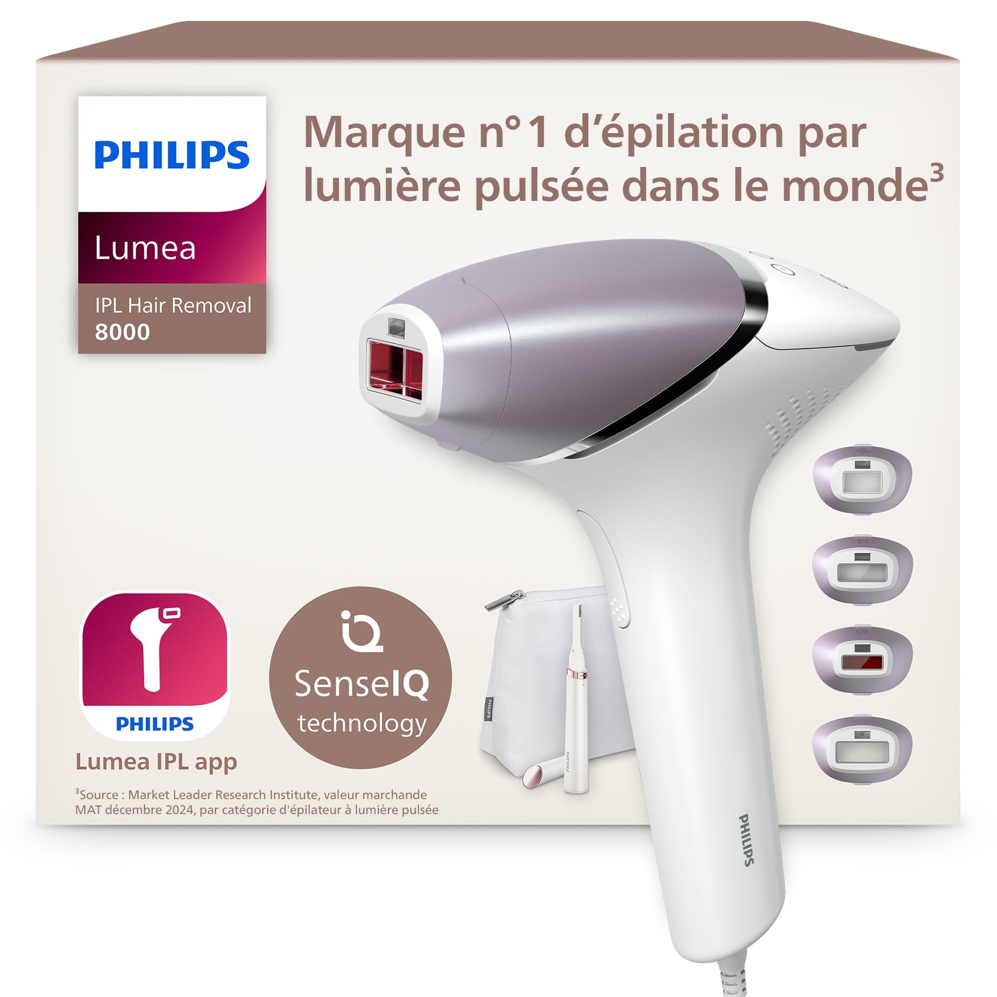 Philips Lumea série 8000, Épilateur à lumière pulsée, alternative à l'épilation laser, technologie SenseIQ, 4 accessoires pour corps, visage, maillot, aisselles, tondeuse-stylo compact, BRI949/00