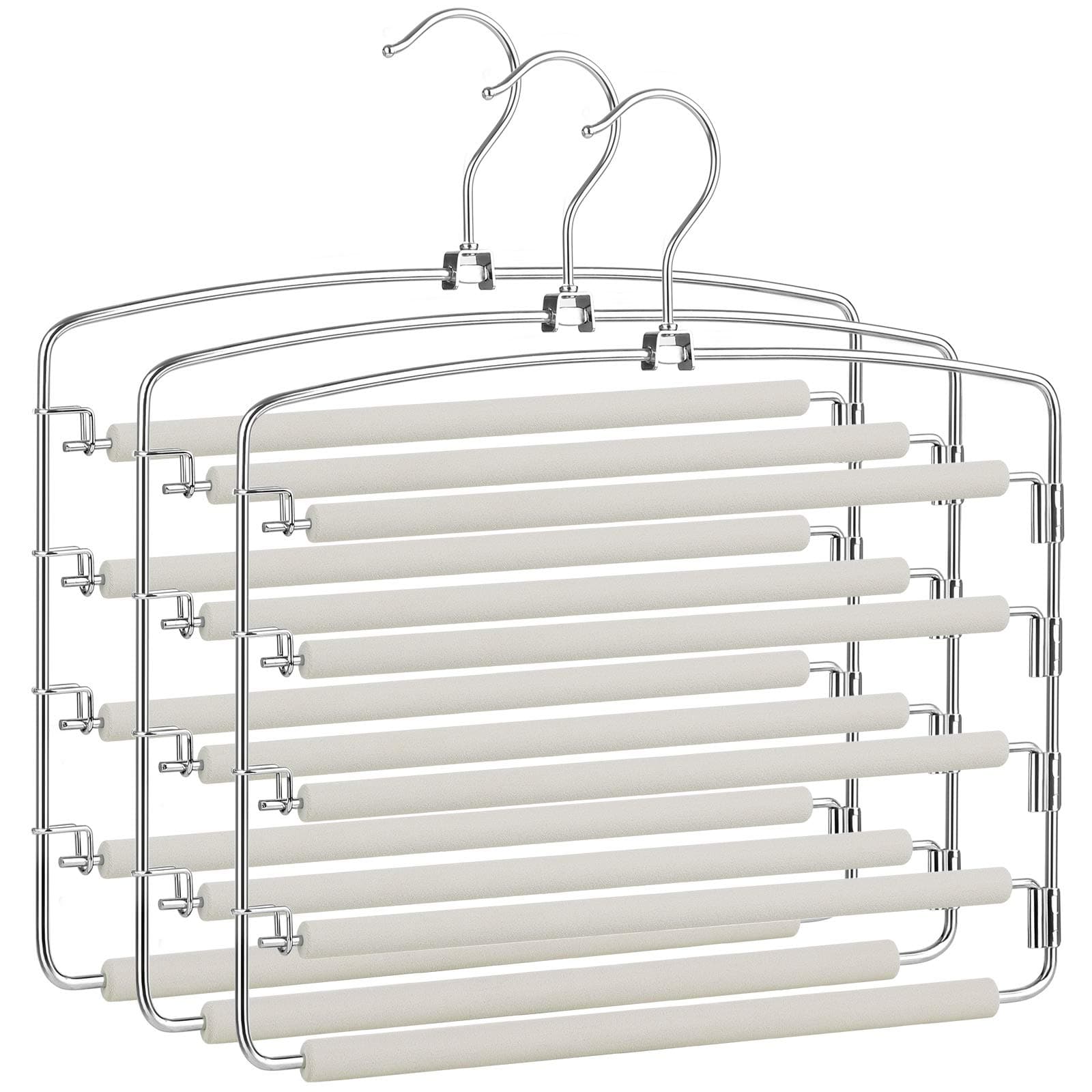 SONGMICS Hosenbügel platzsparend, 3er Set Mehrfach-Kleiderbügel aus Metall, rutschfeste Polsterung, schwenkbare Hosenstege, für je 5 Jeans, Anzughosen, Schals, Krawatten, silbern-grau CRI041GY