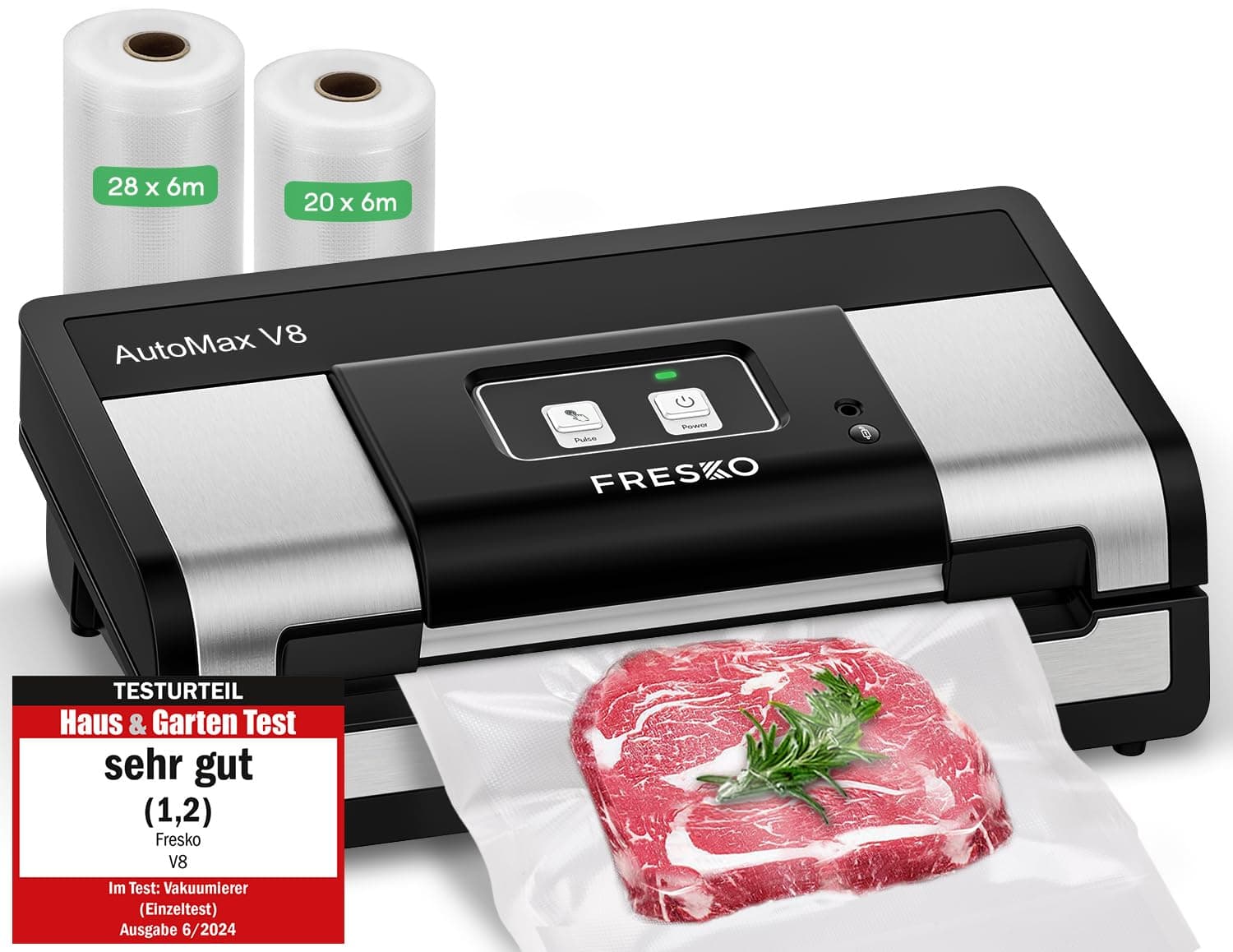 FRESKO Automatique Machine Sous Vide Alimentaire, 140 Watts, Machine Sous Vide Mains Libres, Détection Sec/Humide, Sac à 2 Rouleaux, coupeur intégré et rangement du sac (AutoMax V8)