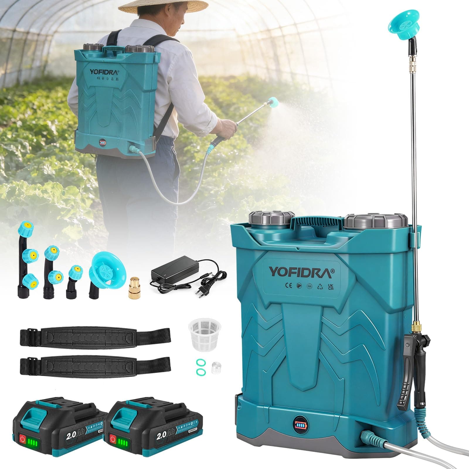 Yofidra 20L Pulverisateur Electrique, Pulvérisateur à Dos de Jardin 100PSI avec 2 * 2.0Ah, 5 Buses, Perche Télescopique, Pulvérisateur Portable pour Jardin, Désherbage, Pulvérisation, Nettoyage