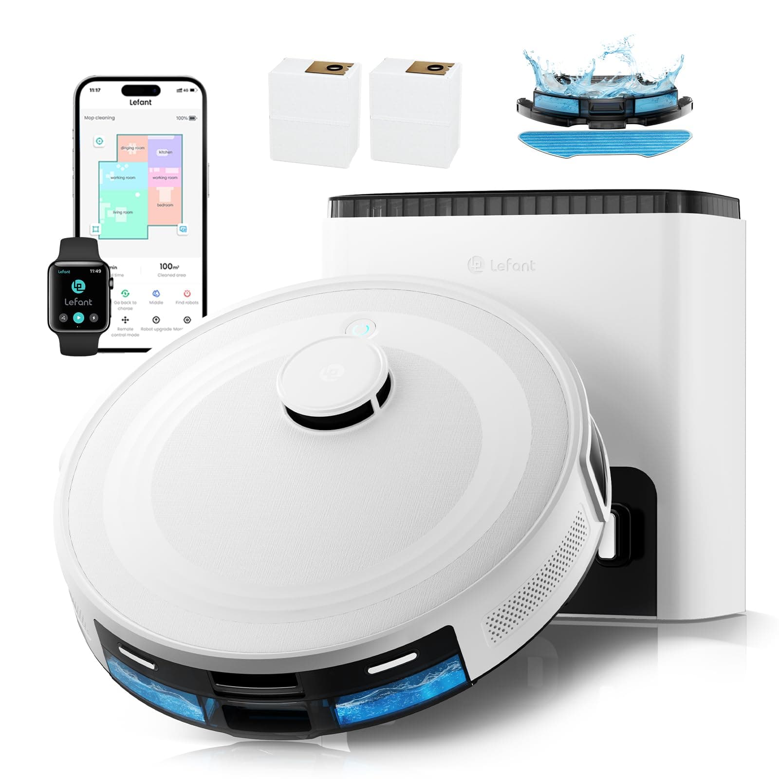 Lefant M2 Plus Robot Aspirateur Laveur 6000Pa avec Station Vidage Automatique Poussière,Navigation Laser avec Cartographie,Évitement d'obstacles PSD,140min,Idéal pour Poils d'animaux