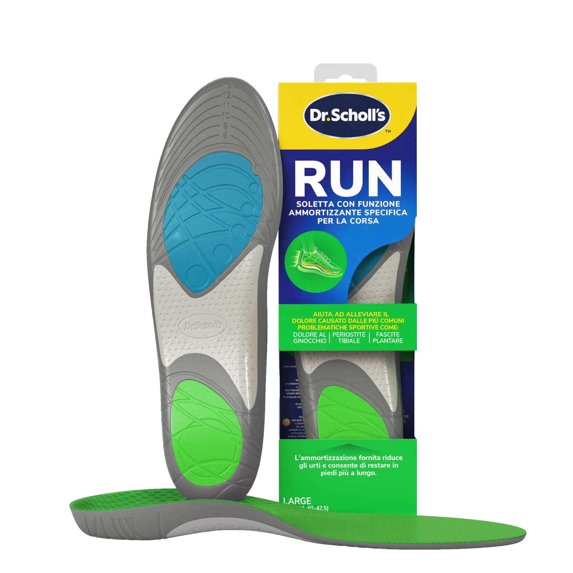 Dr. Scholl's Solette RUN con funzione ammortizzante per la corsa, Aiutano a ridurre ed alleviare il dolore alle ginocchia e quello causato da periostite tibiale, fascite plantare, misura 40-47.5