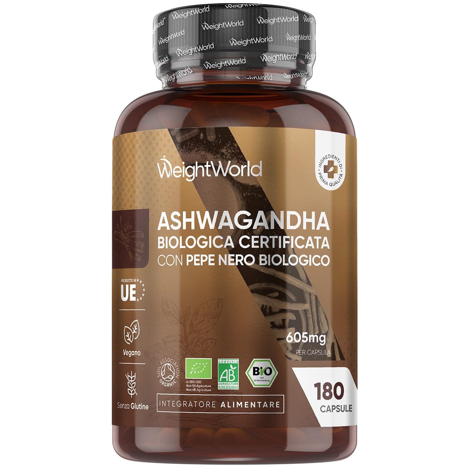 Ashwagandha Bio in 180 Capsule Vegane, 1 al Giorno (6 Mesi), Ashwagandha Biologica Certificata dalla Soil Association, con Pepe Nero, Withania Somnifera (Ginseng Indiano), Privo di Glutine e Lattosio