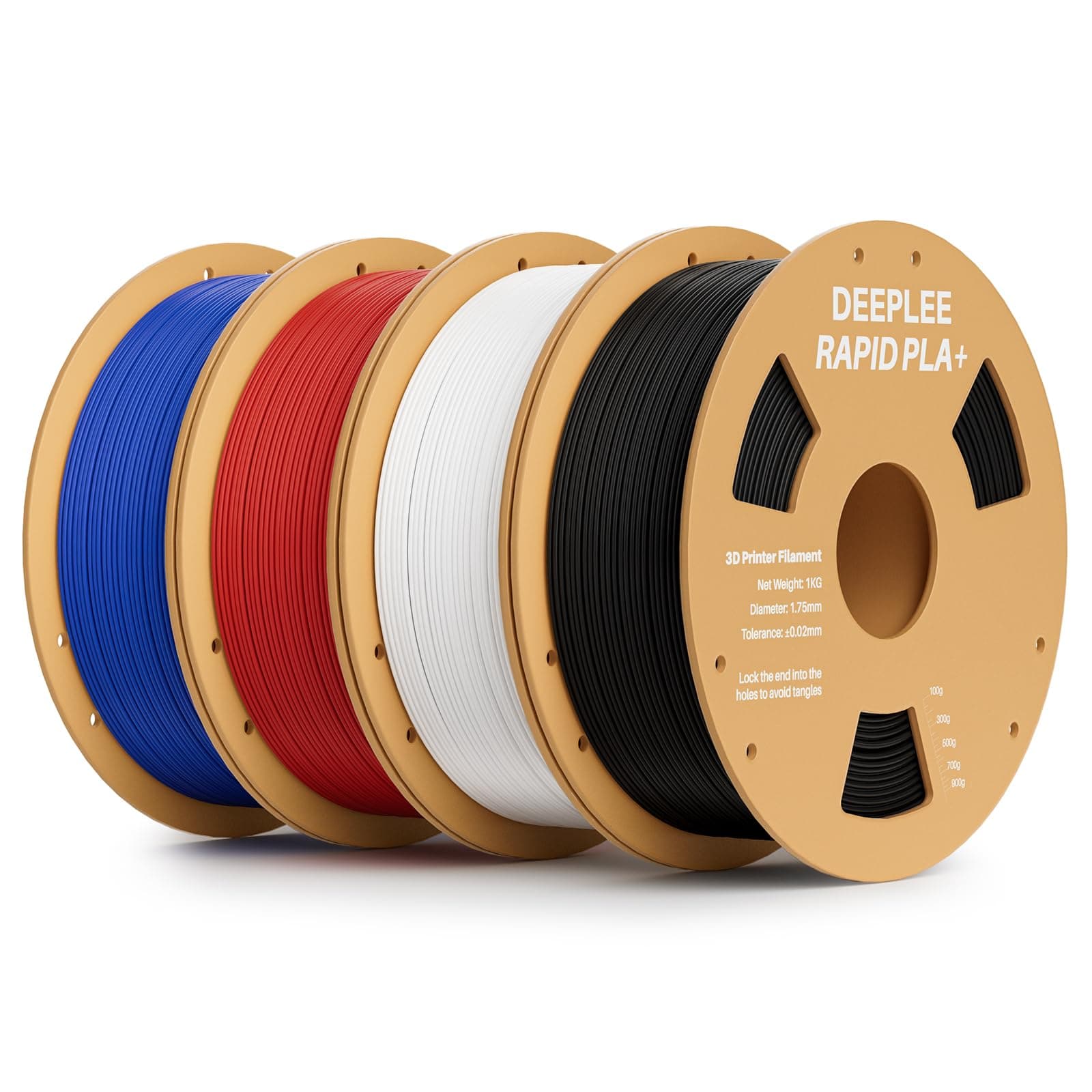 DEEPLEE Filamento PLA+ Alta Velocidad 1.75 mm, 4 x 1 kg Negro, Blanco, Rojo y Azul. Velocidad 30-600 mm/s. Precisión ±0.02 mm, Enrollado Perfecto Sin Atascos. Compatible con FDM.