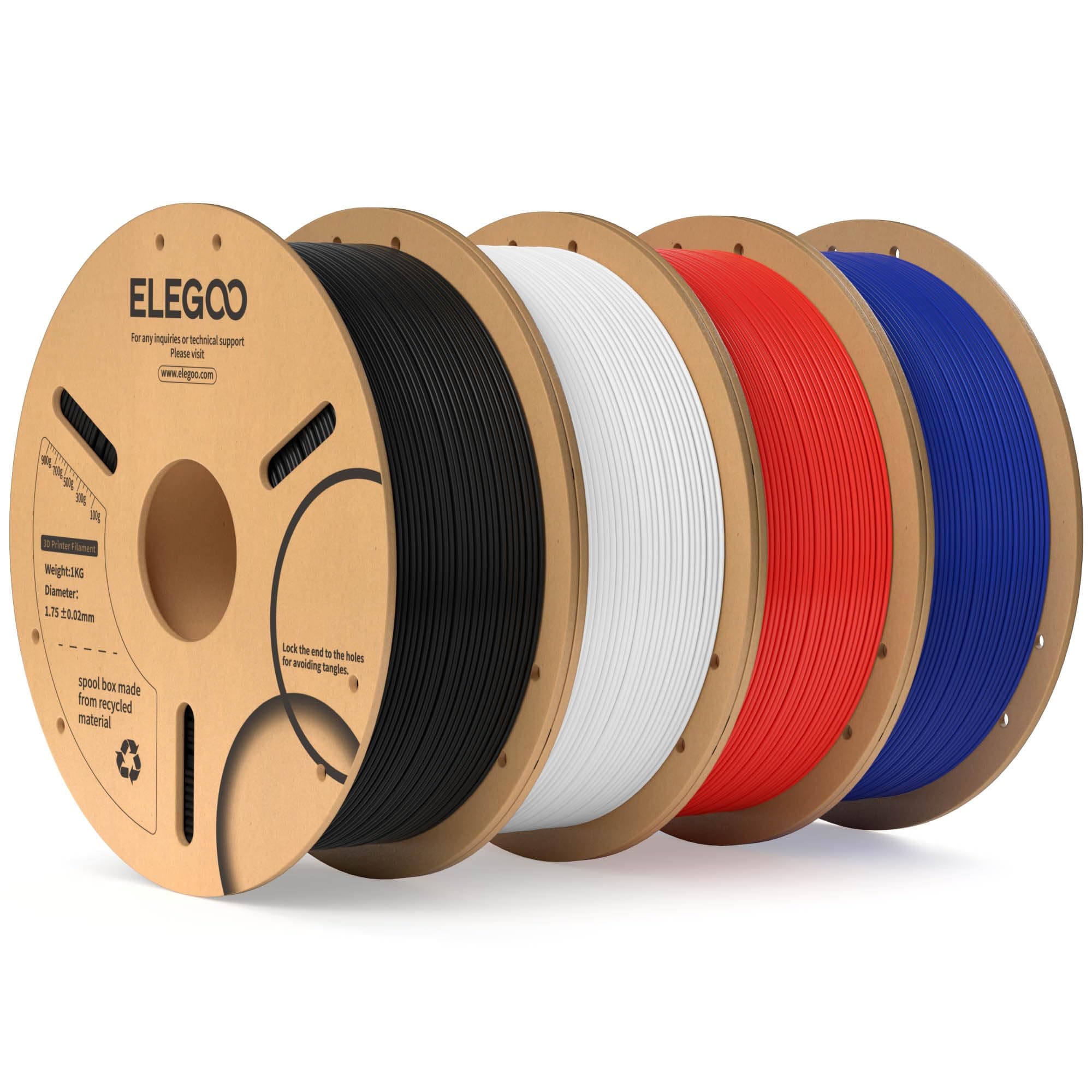 ELEGOO PLA Filament 1.75mm Schwarz Weiß Rot Dunkelblau 4KG, 3D Drucker Filament Maßgenauigkeit +/- 0,02 mm, 1kg Pappspule (2.2lbs) Filament-3D-Druckmaterialien