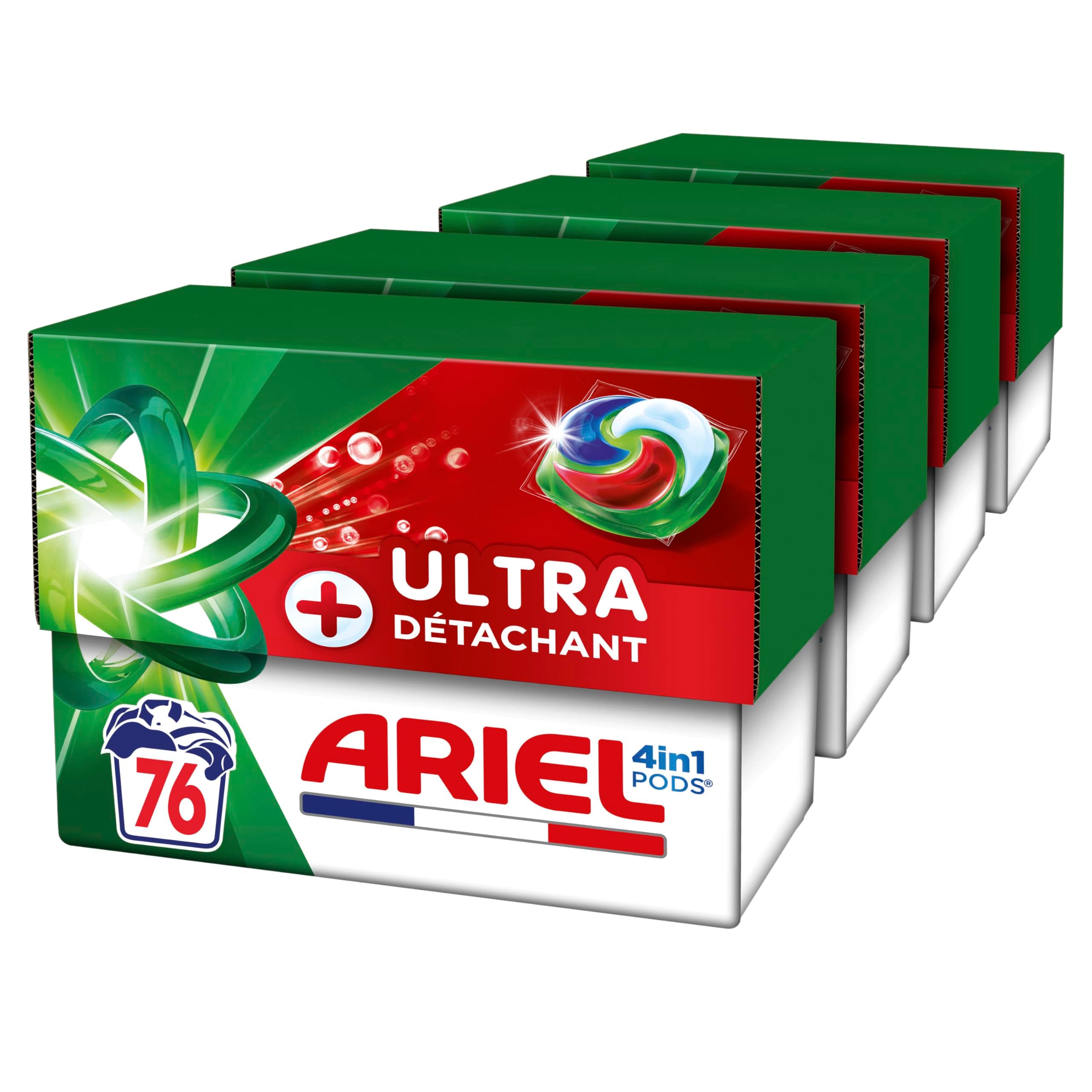 Ariel PODS 4en1 et Ultra Détachant, Lessive en Capsule, 19 Lavages, Élimine Même les Tâches Incrustées Depuis 7 Jours, Dissolution Rapide Même à Froid, Fabriqué en France