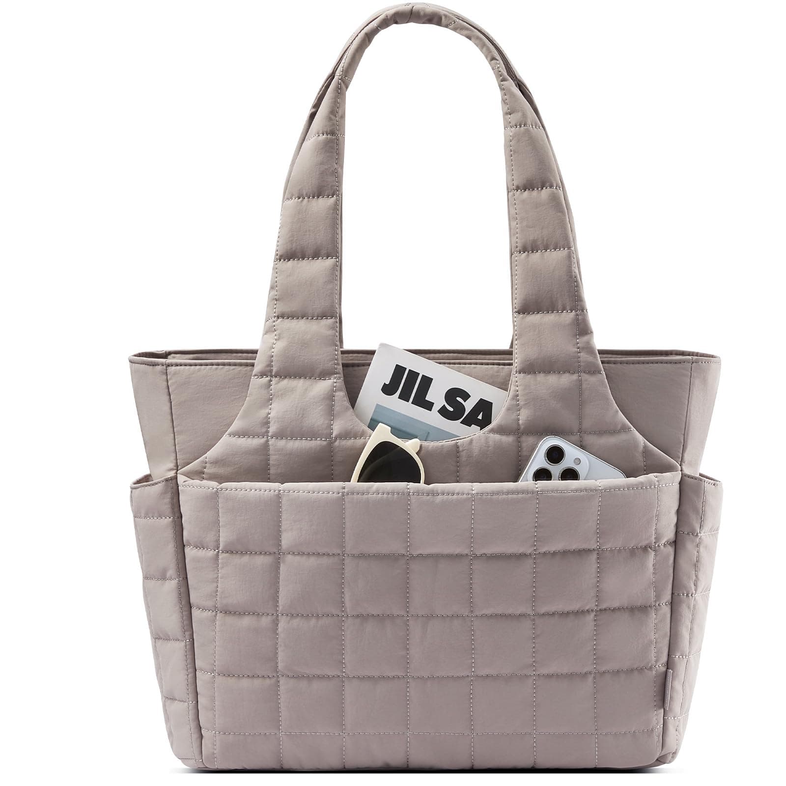 LOVEVOOK Puffer Handtasche Damen Groß, 15,6 Zoll Strandtasche Shopper Tasche mit Wasserflaschenfach, Leichte Arbeitstasche Schultertasche für Arbeit, Uni & Reise, Grau