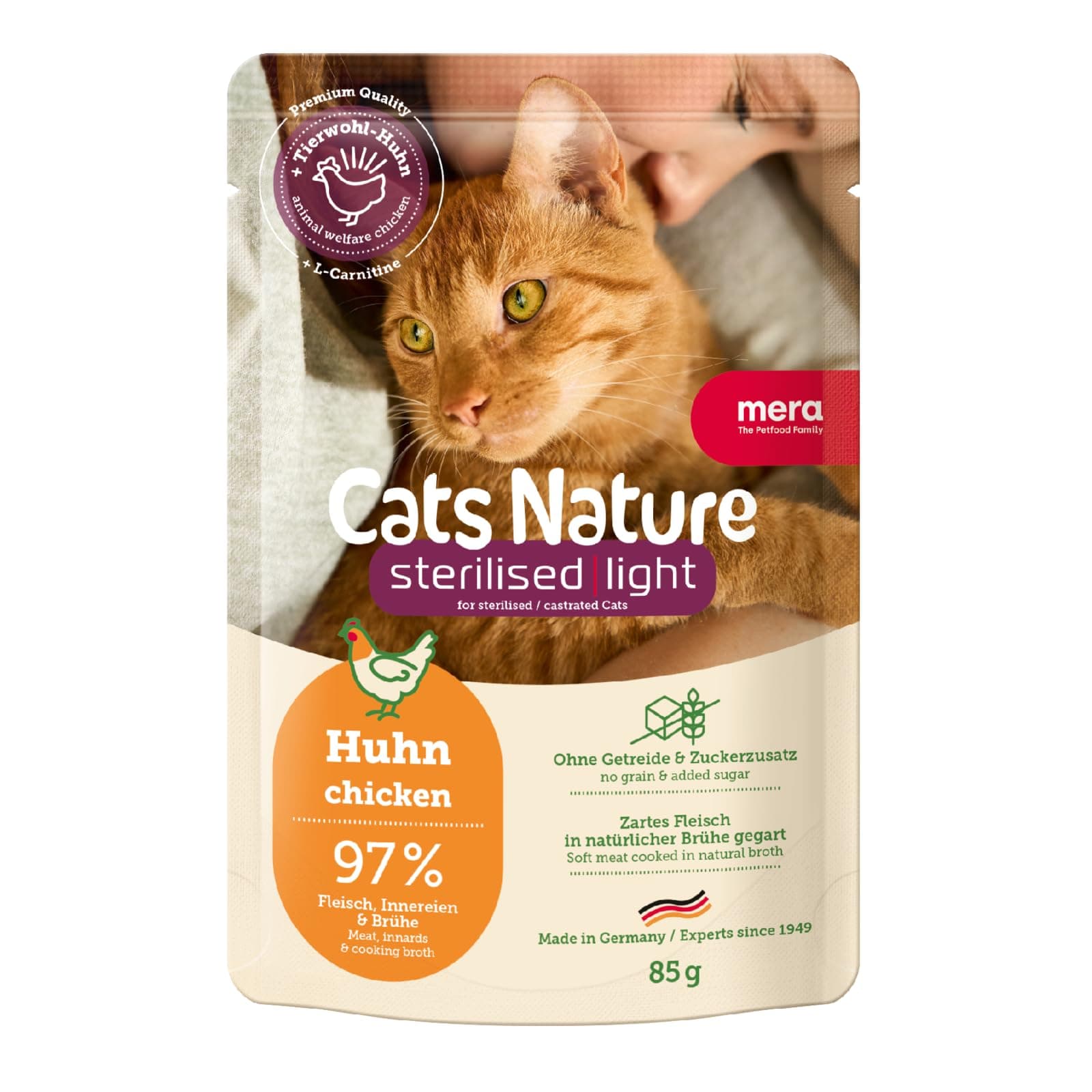 MERA Cats Nature Sterilised/Light Huhn Katzenfutter Nass 12x85g | Für sterilisierte/kastrierte Katzen | ohne Zucker und Getreide | fettarmes Katzen Nassfutter hoher Fleischanteil