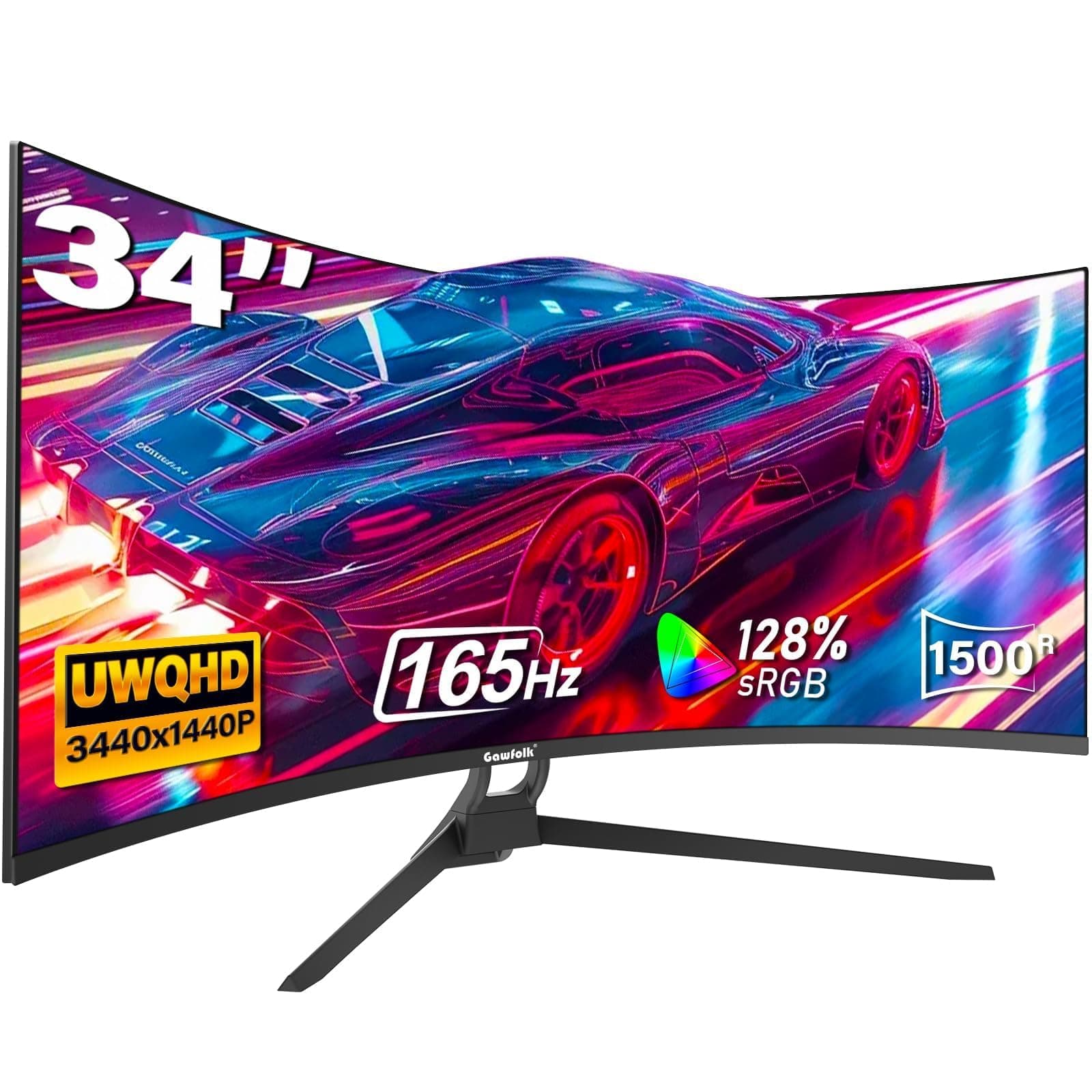 Gawfolk Écran PC Incurvé 34 Pouces, Moniteur Gaming 1500R 165Hz, Ecran PC UHD 4K 3840x2160, 100% sRGB, 1ms MPRT,Interface HDMI & DP, Protection des Yeux, VESA 75 * 75