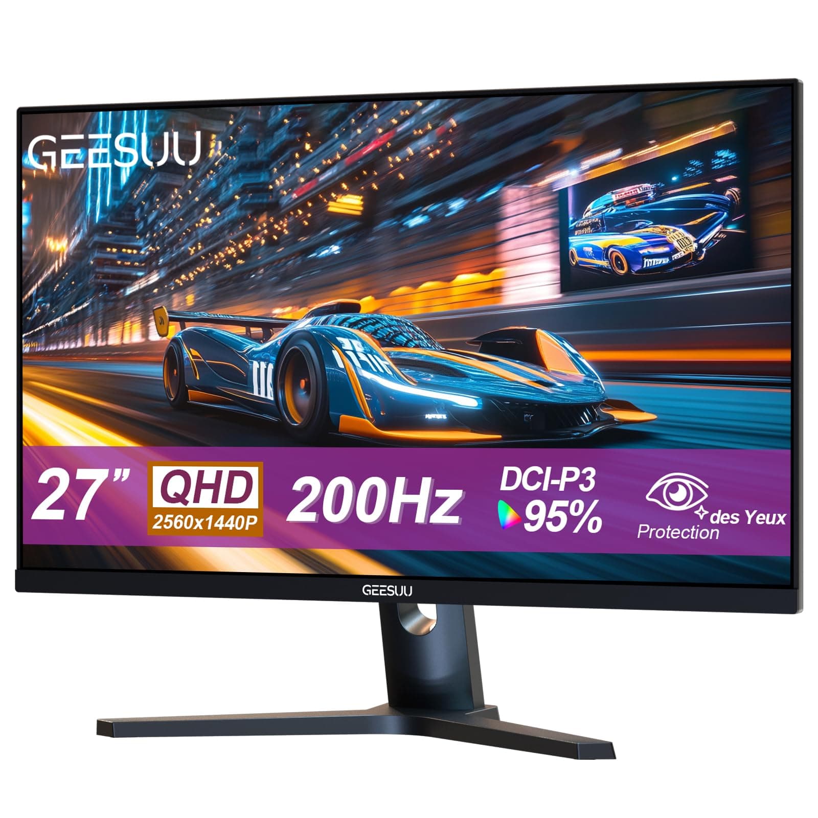 GEESUU Ecran PC Gamer 27 Pouces, Ordinateur 200hz, QHD 1440p, IPS, 1ms, 95% DCI-P3, Eye Care Screen, 1200:1, Gaming HDMI 2.1 & DP 1.4