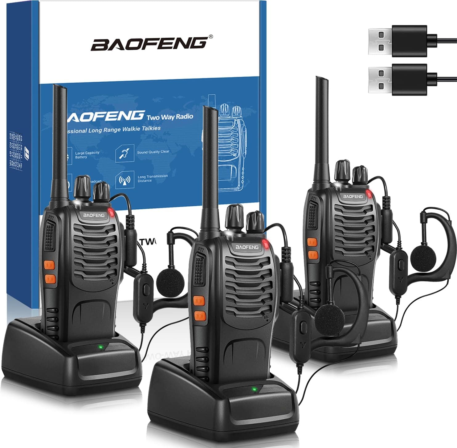 Baofeng Walkie Talkie PMR446 Senza Licenza, Antenna Non Rimovibile, 16 canali Walkie-talkie professionali ricaricabili a lungo raggio con base per caricabatterie USB e auricolari (3 Pezzi)