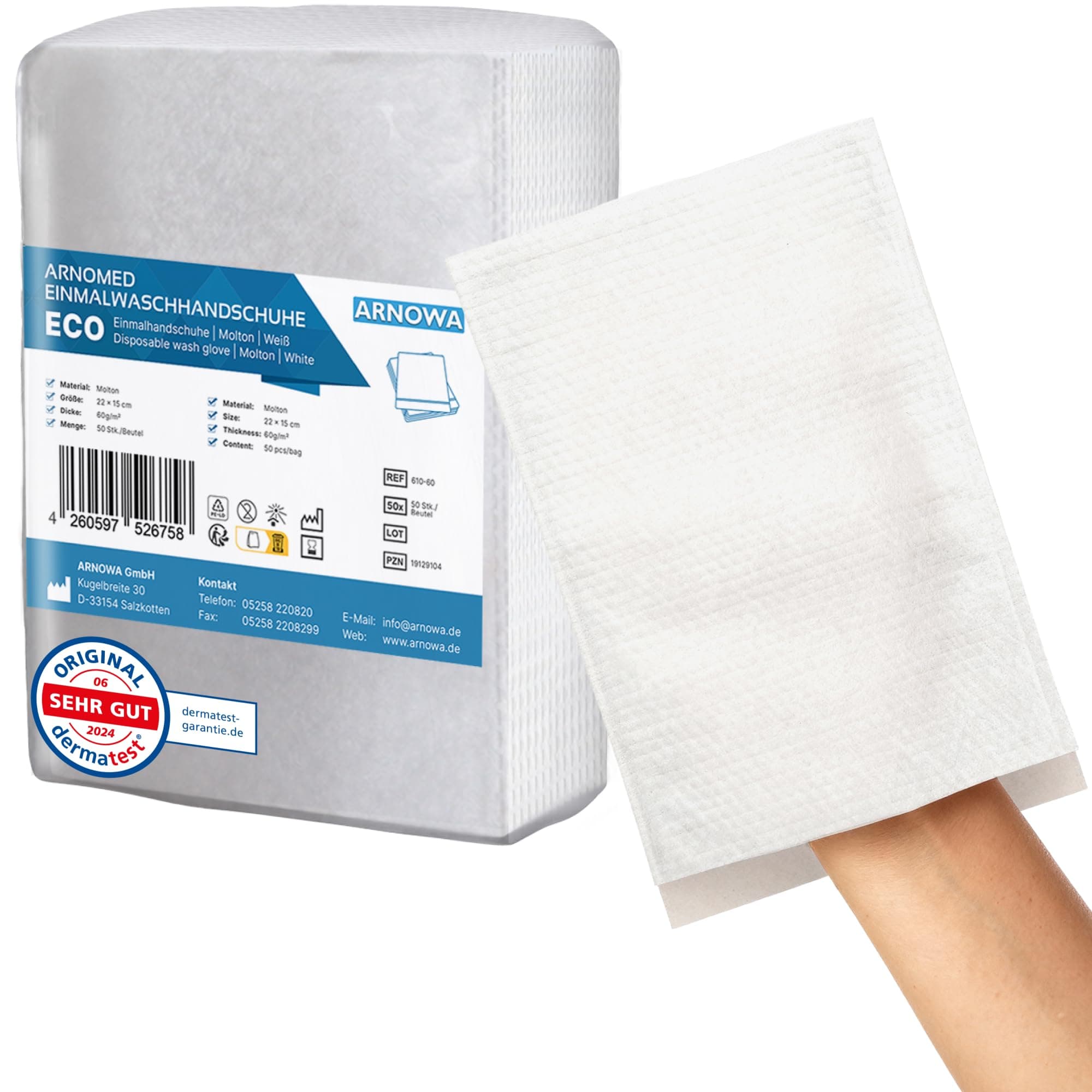 50x ARNOMED® Manopole Monouso non Saponate [IDEALE PER LA PELLE SENSIBILE] Manopole Monouso per lavare anziani, neonati e bambini 60g/m², Manopole per Lavare Anziani Certificazione Dermatest