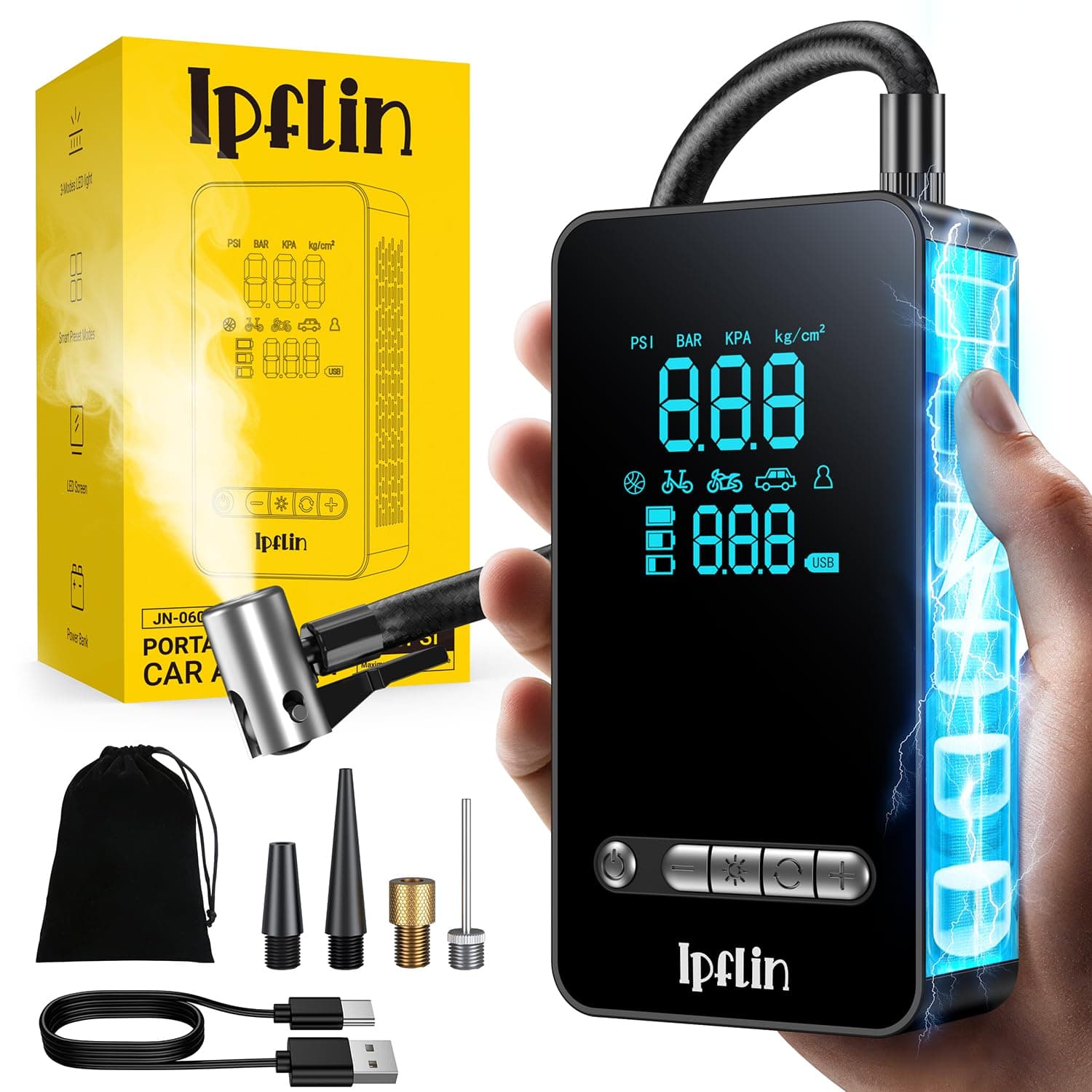 Inflador Ruedas Coche Compresor Aire Portatil - Inflador Electrico 150PSI con Función de Parada Automática, Hinchador Ruedas para Coche Moto Bicicleta Bola, Pantalla Digital y Luz LED, Nueva Versión