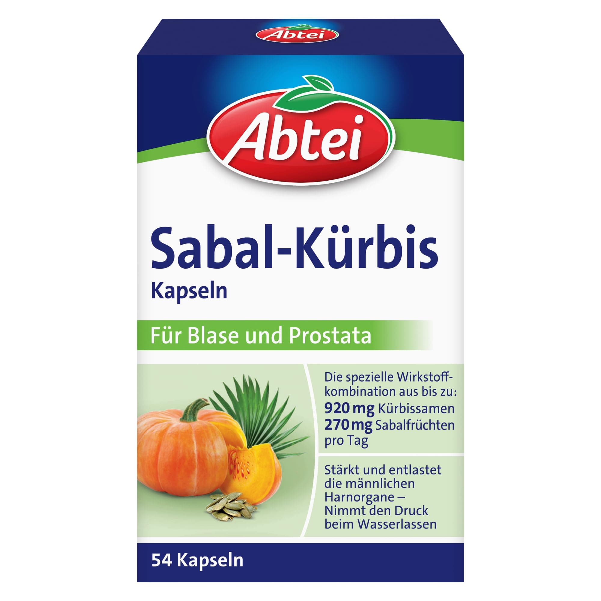 Abtei Sabal-Kürbis-Kapseln - stärkt und entlastet die männlichen Harnorgane – kann sich positiv auf das Blasen-Prostata-System auswirken - 1 x 54 Kapseln