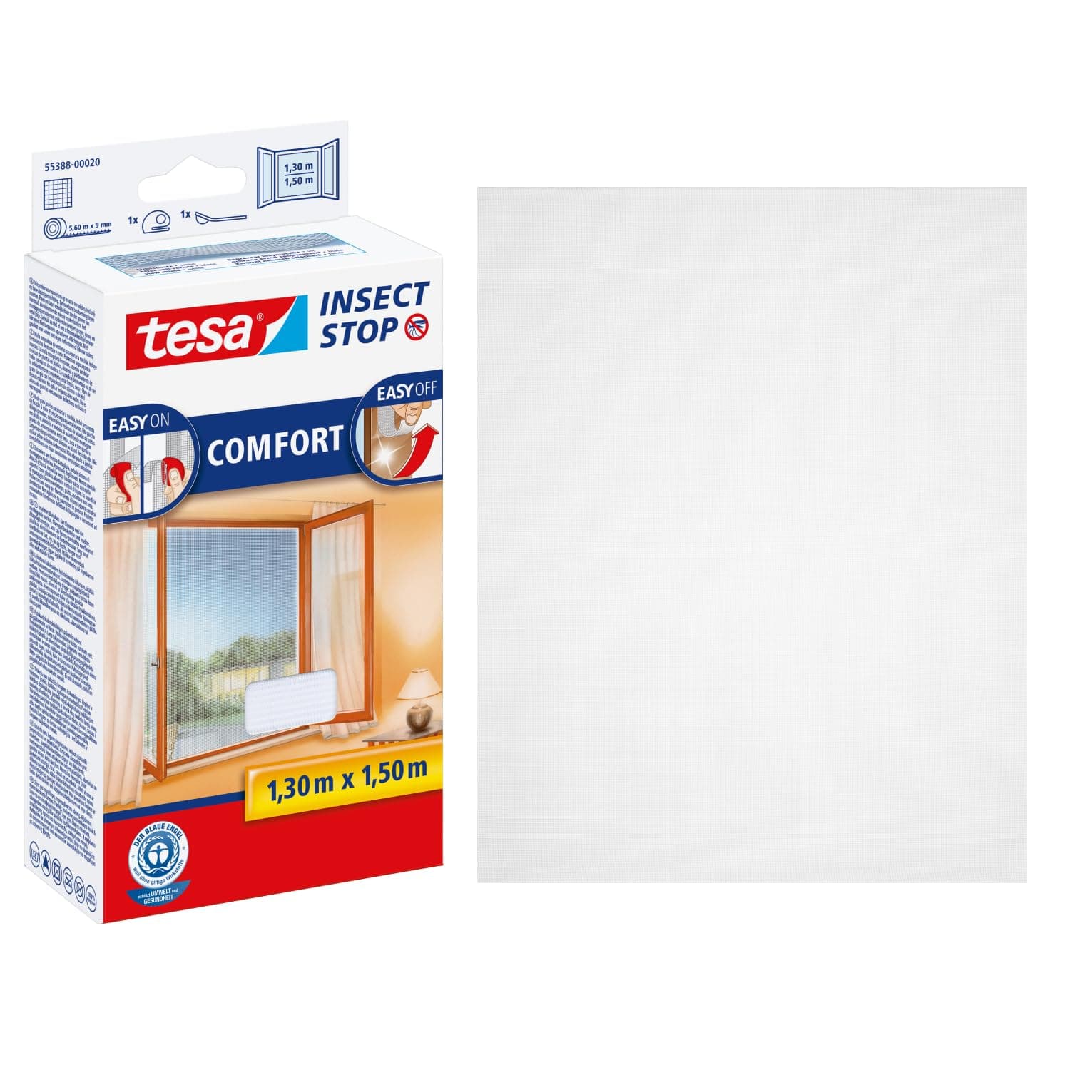 tesa INSECT STOP Klett Fliegengitter Premium für Fenster, Insektenschutz mit starkem Klettband, rückstandsfrei entfernbar, zuschneidbar, ohne Bohren - 130 cm x 150 cm - Weiß (leichter Sichtschutz)