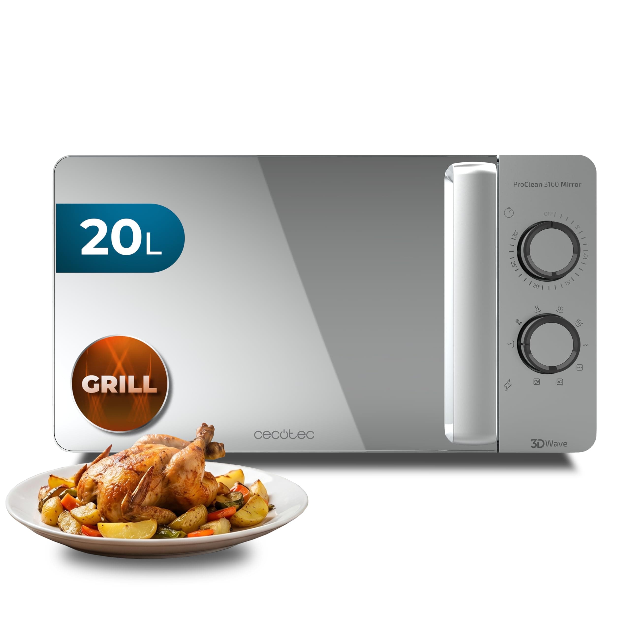 Cecotec Microondas con Grill ProClean 3160 Mirror Wave. 700W, 6 Niveles, Grill 800W, Capacidad 20L, Revestimiento Ready2Clean para mejor Limpieza, Tecnología 3DWave, Temporizador, Diseño Efecto Espejo | 6 niveles, parrilla halógena 800 W, tecnología 3 DWave, temporizador 30 min, revestimiento Ready2Clean