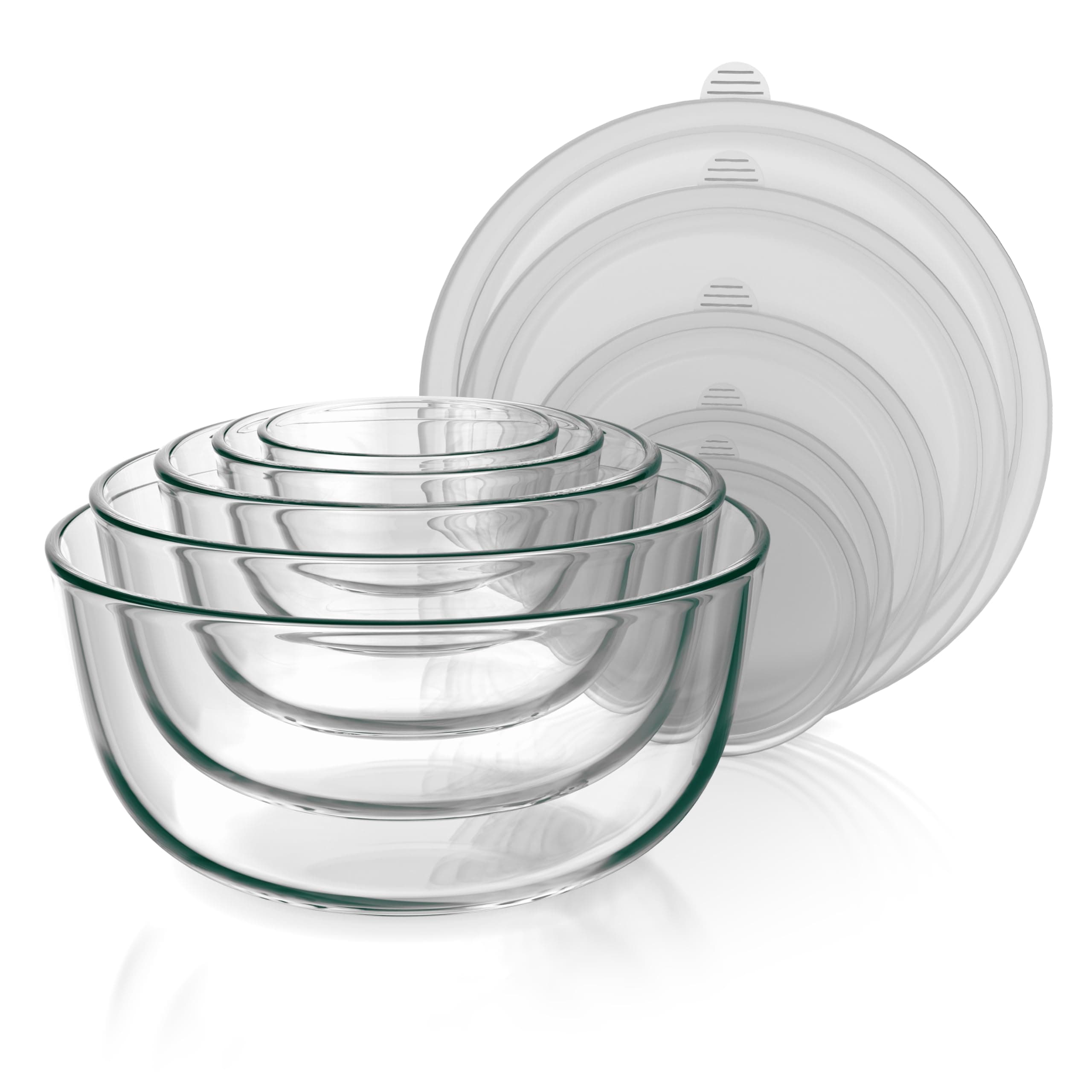 Arendo - Rührschüsseln aus Glas mit Deckel - Glasschüssel 5er Set - 1000ml + 1500ml + 2000ml + 2700ml + 4400ml – Rührschüsseln klein bis groß – Borosilikatglas - Salatschüssel Glasschale Salatglasscha