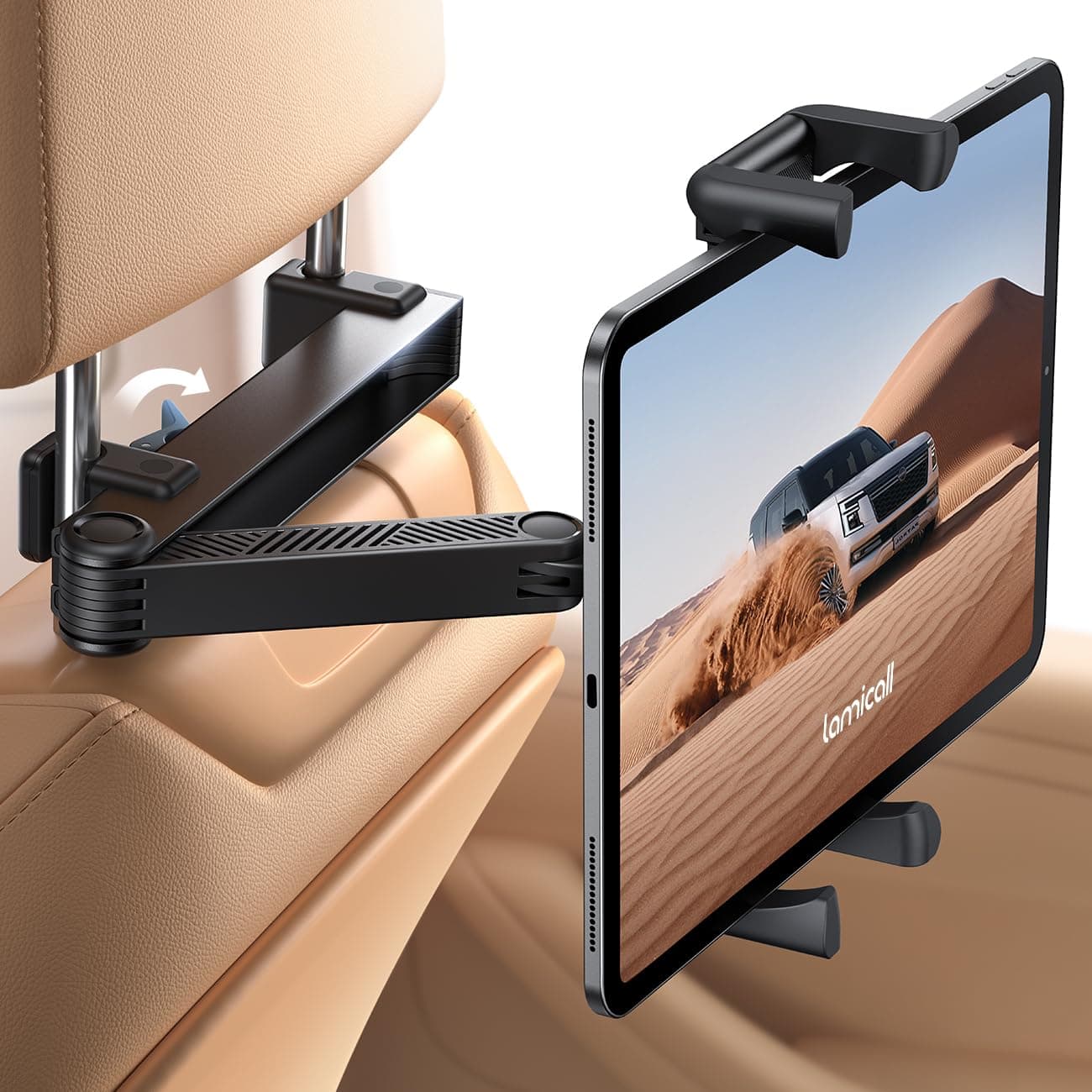 Lamicall Tablet Halterung Auto Kopfstütze - [Doppelt Faltbares Design] Tablethalterungen Auto mit Abschließbarer Alu-Arm, Ausziehbare KFZ Tablet Autohalterung für iPad, 6,1-13 Zoll Geräte & Smartphone