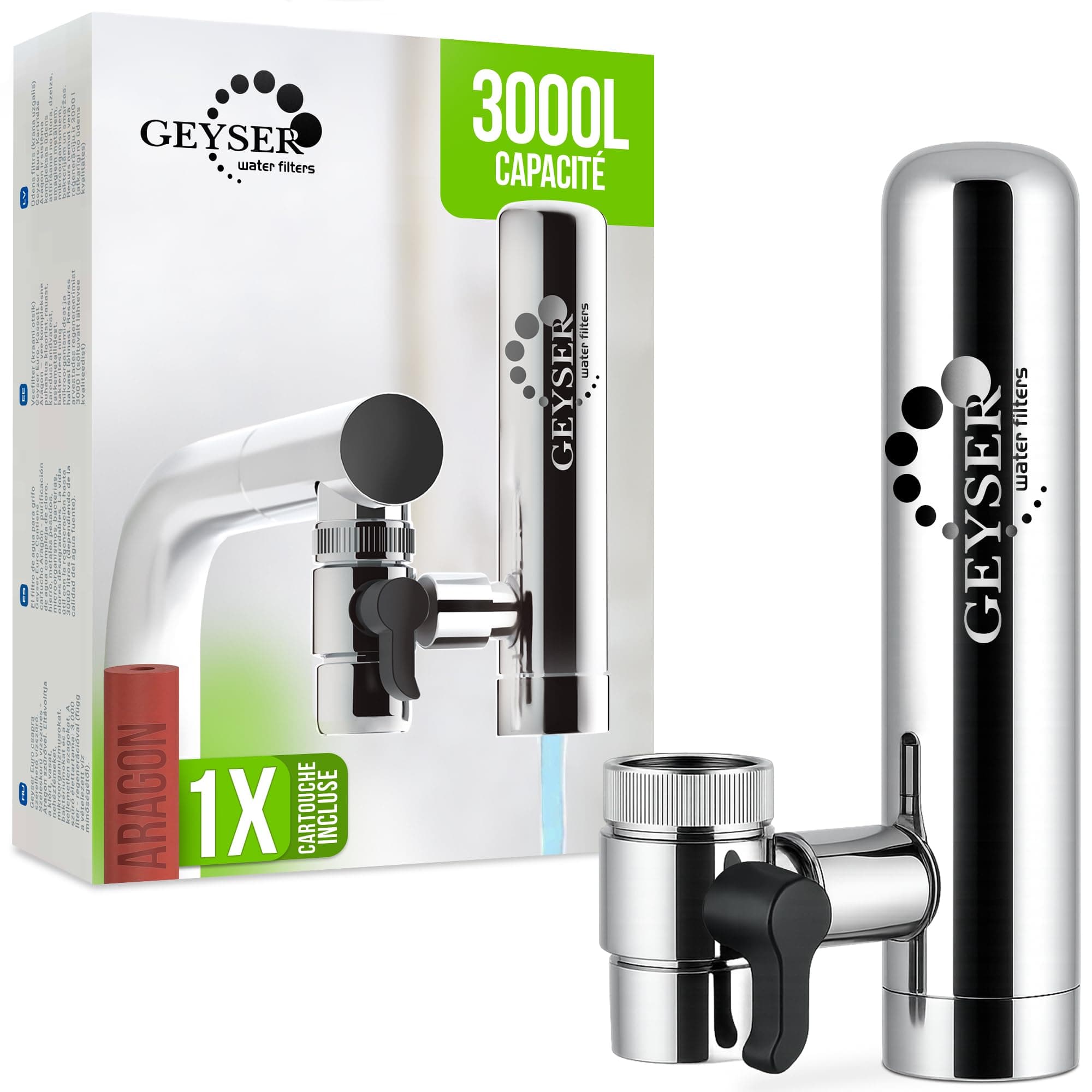 GEYSER EURO - Filtre eau robinet avec système unique de cartouche Aragon d'une capacité de 3000 L, réduit les métaux, le chlore, les bactéries et les pesticides, filtre eau (Cartouche 3000L Incluse)