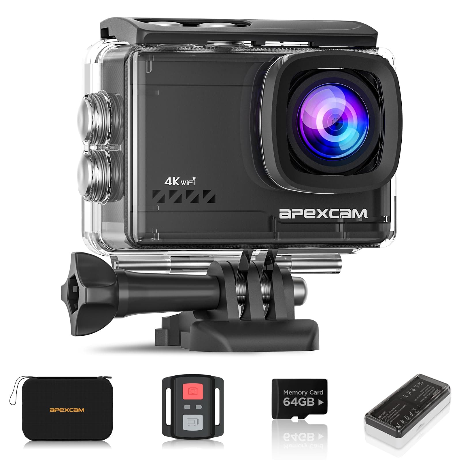 Apexcam Cámara Deportiva 4K con Tarjeta de Memoria de 64GB WiFi Cámara subacuática Impermeable 40M Action Camera 2.0'LCD Gran Angular 2.4G Remoto 2 baterías de 1350mAh y Accesorios Multiples