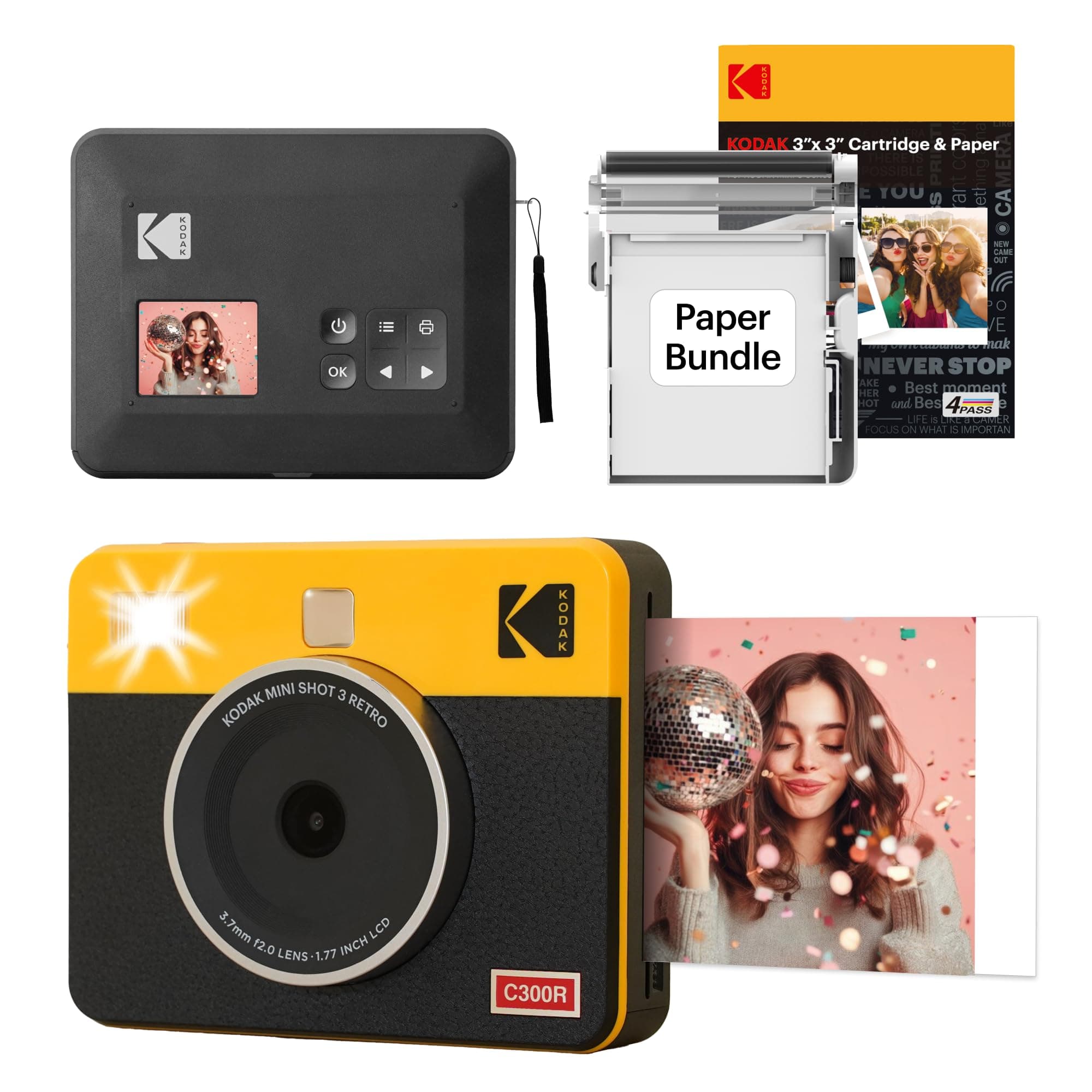 KODAK Mini Shot 3 Retro Cámara Digital Instantánea & Impresora Fotográfica 2-en-1 7,6 x 7,6 cm, 38 Hojas, Cámara Portátil con Impresión, Impresora Bluetooth iOS & Android, Sublimación 4PASS, Amarillo
