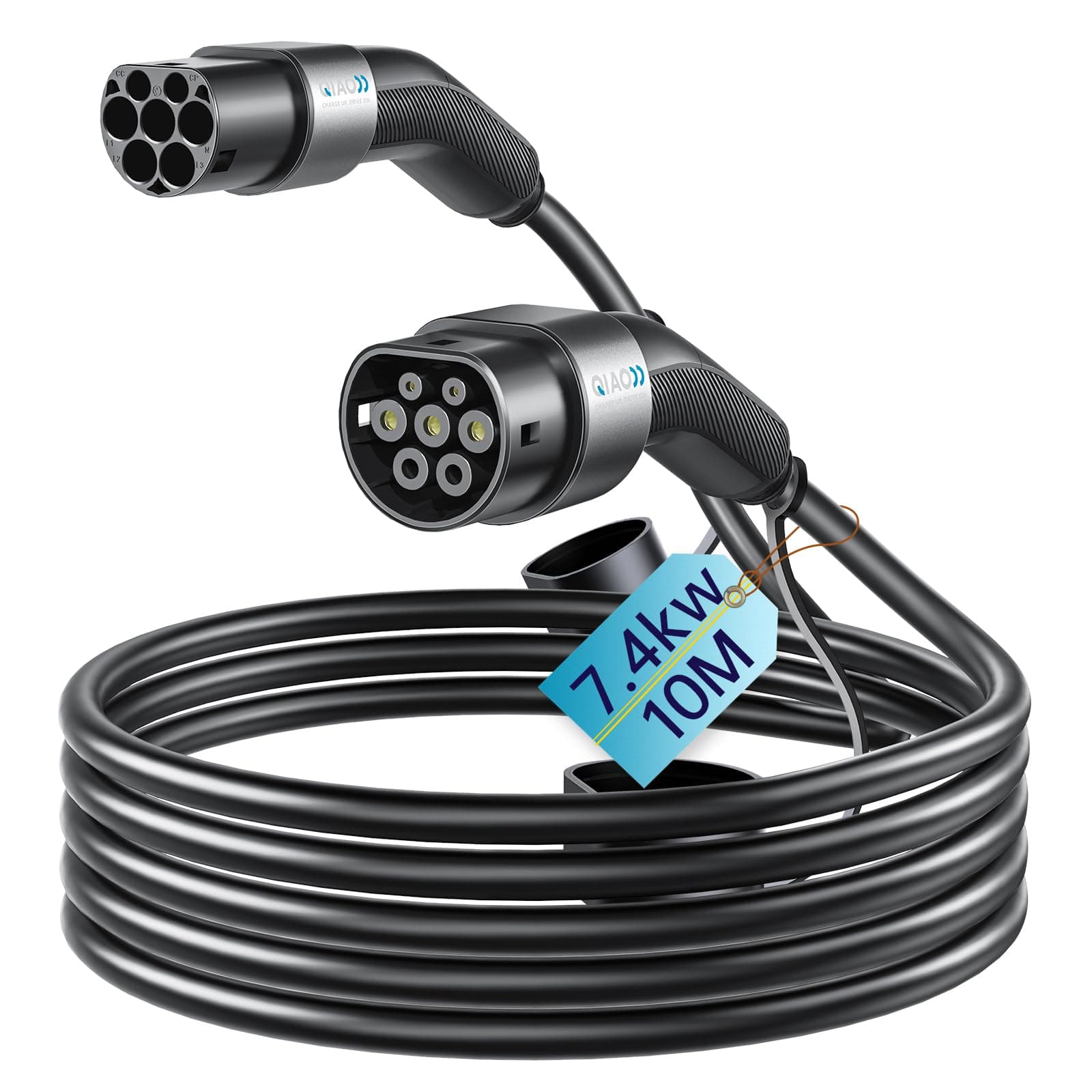 QIAO Câble de Charge de Type 2, câble de Chargeur de Voiture électrique de Type 2 à Type 2 IEC 62196 EV, câble de Charge Rapide Mode 3 EV et PHEV avec Sac de Transport (7,4 KW, 10 m)
