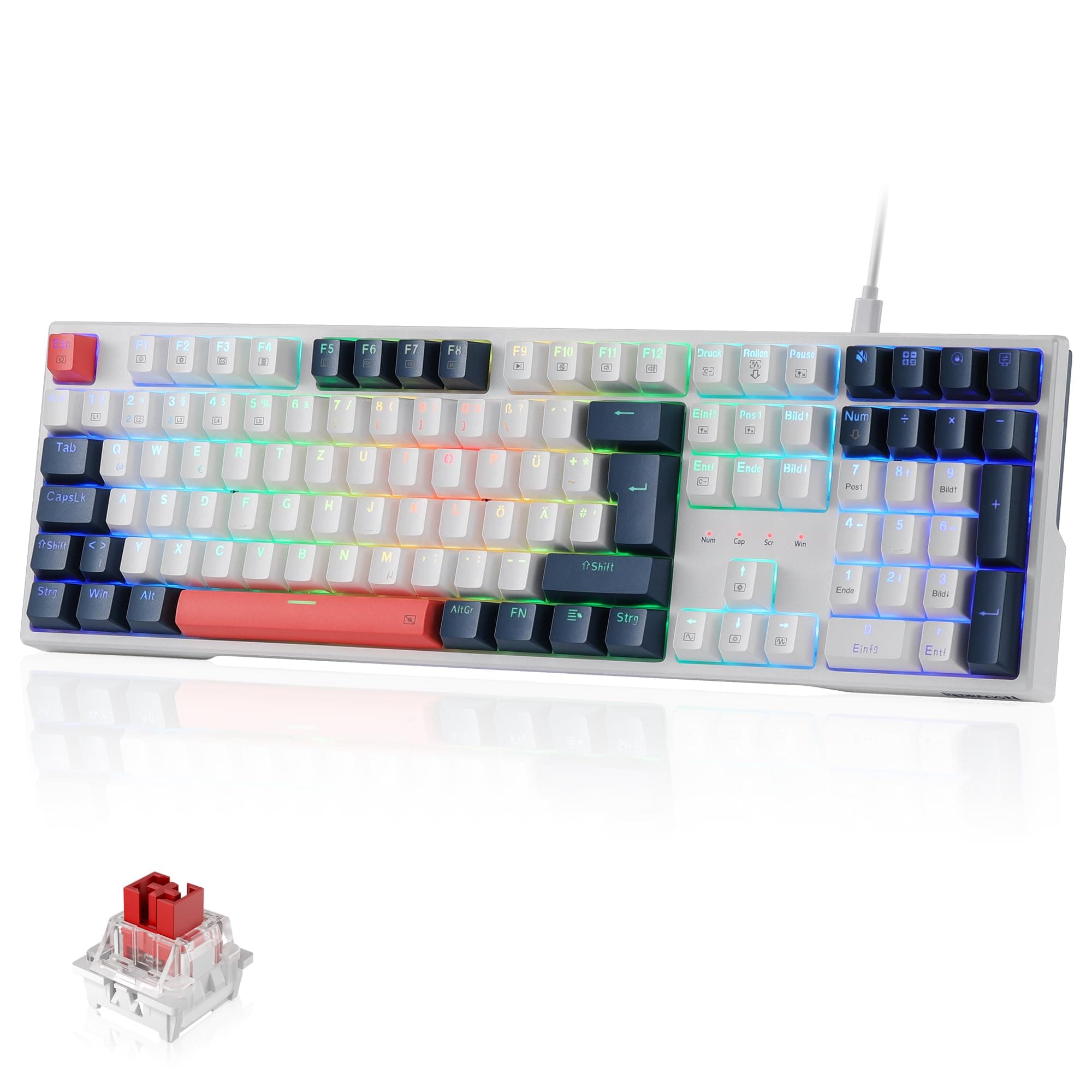 Redragon K668 QWERTZ-Layout Kabelgebundene Gaming-Tastatur, 105+4 Tasten Tastatur, Hot-Swap Sockel, Leise Roten Schaltern, Mischfarben-Tastenkappen, RGB-Hintergrundbeleuchtung, Multimedia-Shortcuts
