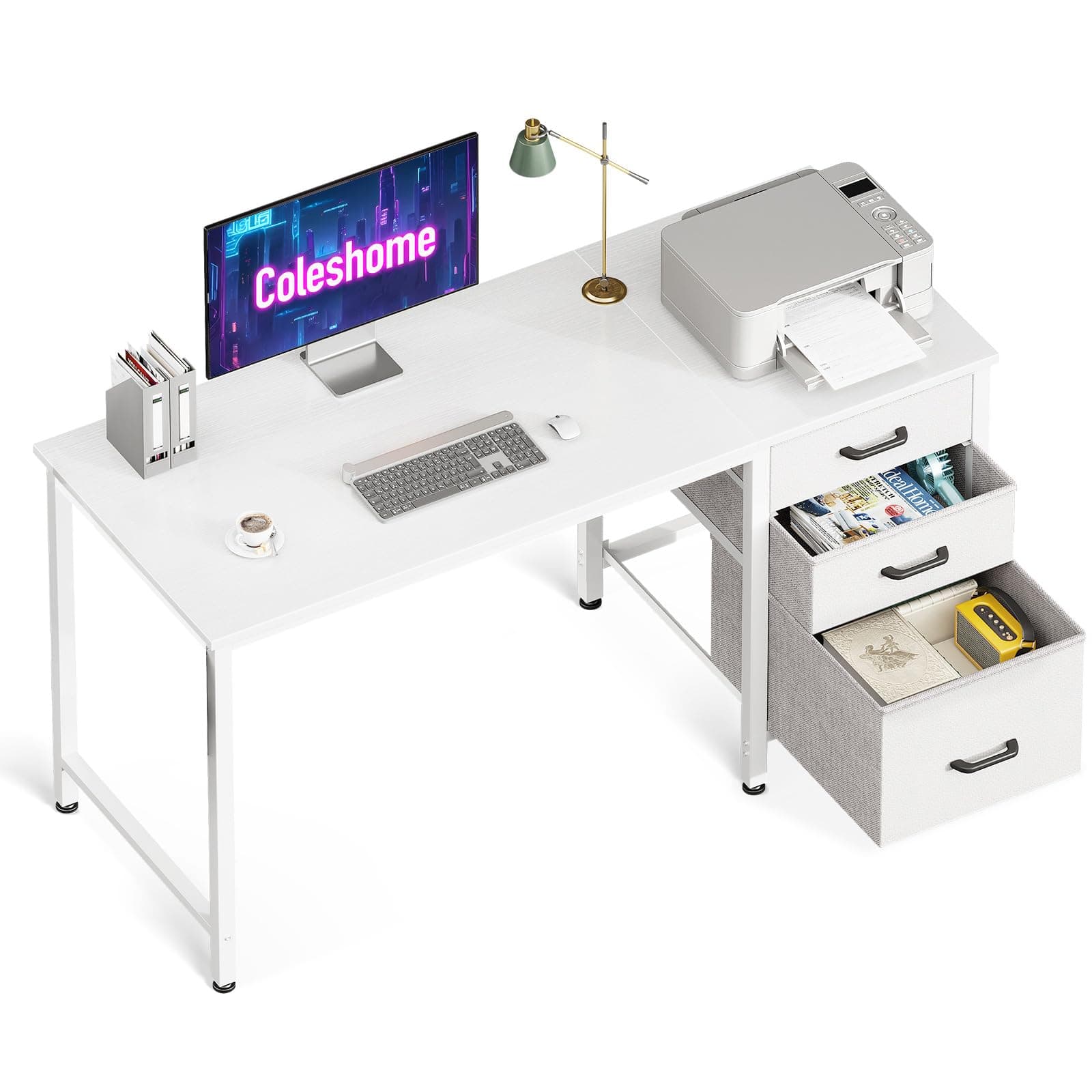 Coleshome Escritorio con 3 Cajones de Tela, 120x48cm Escritorio Espacioso con Soporte para Auriculares, Blanco Escritorio de Ordenador Reversible para Oficina en Casa