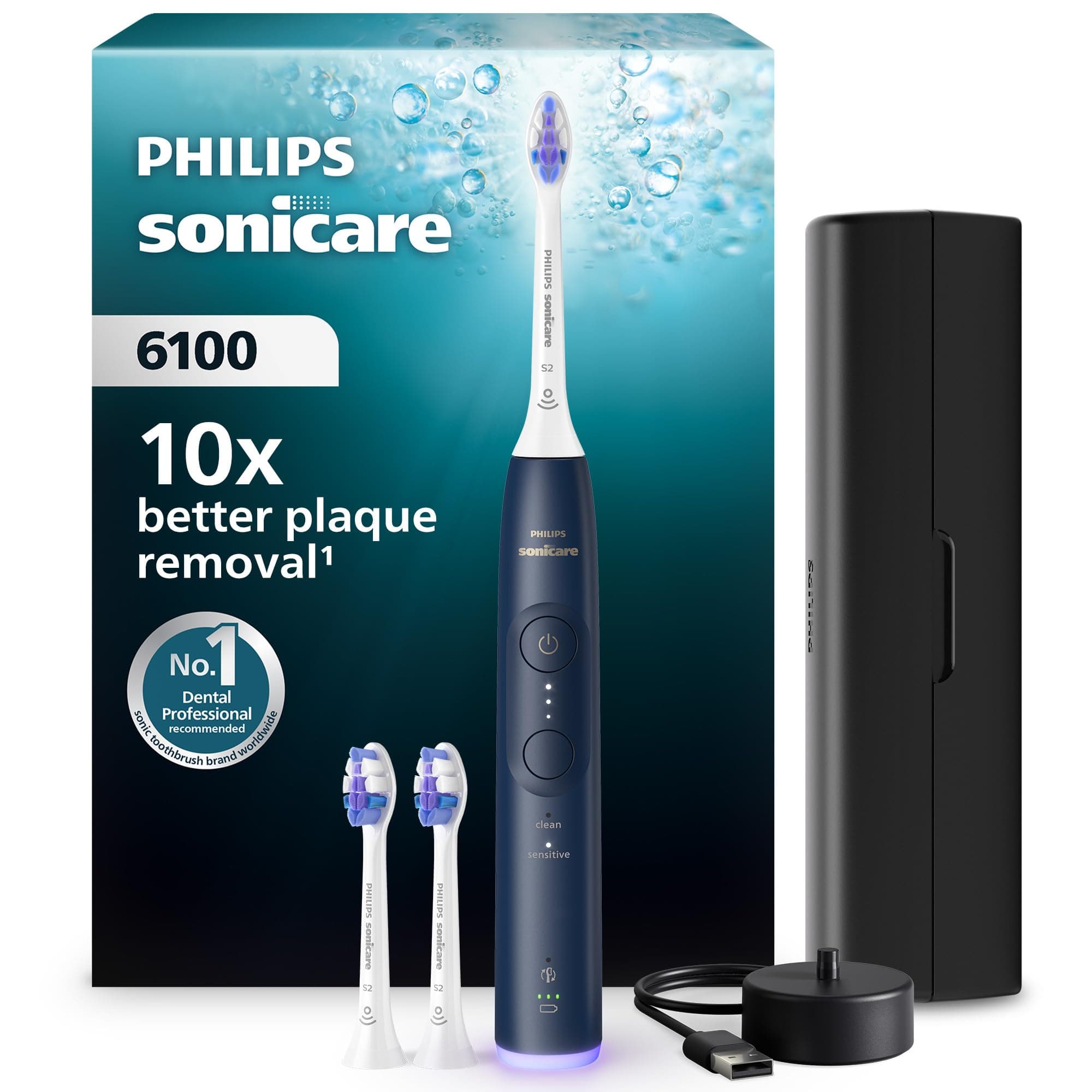 Philips Sonicare 6100 cepillo dental eléctrico, sónico, 2 modos de cepillado, 3 niveles de intensidad, EasyStart, estuche de viaje, azul marino, modelo HX7403/01 [Nueva Tecnología]