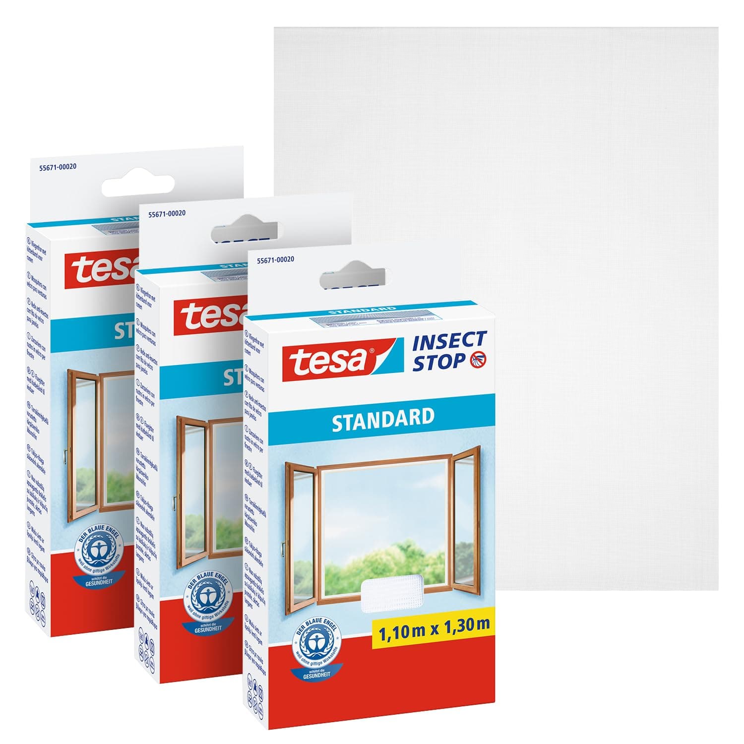 tesa Insect Stop Klett Fliegengitter für Fenster - Insektenschutz mit Klettband, zuschneidbar - Mückenschutz ohne Bohren - 3 x Fliegen Netz - 110 cm x 130 cm - Weiß