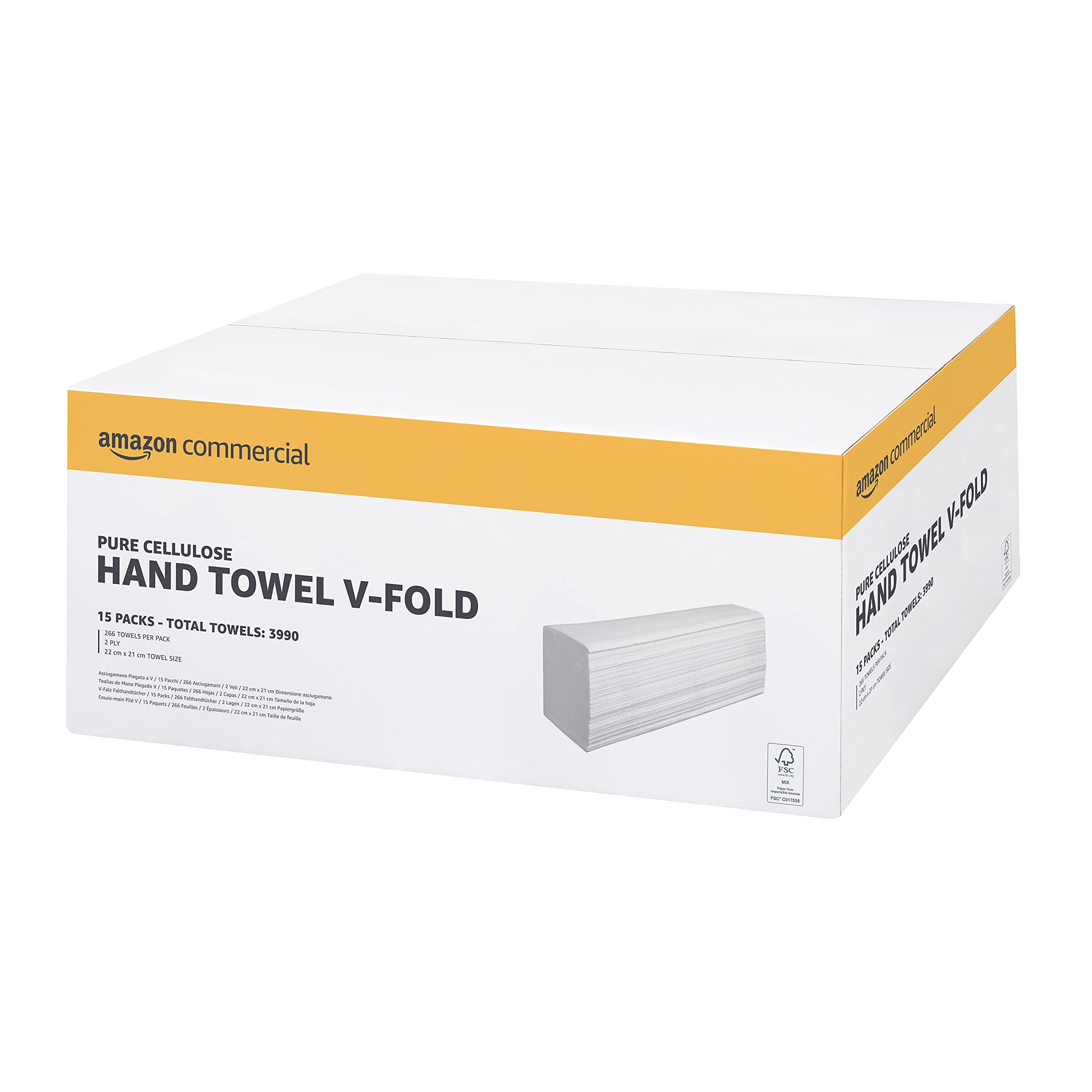 AmazonCommercial Asciugamani Di Carta Piega Singola (Piega A V/Piega A Z) Cellulosa 2 Veli 3990 Fogli (15 Confezioni Da 266) Dimensioni Del Foglio: 22cm x 21cm Compatibile Con Dispenser H3