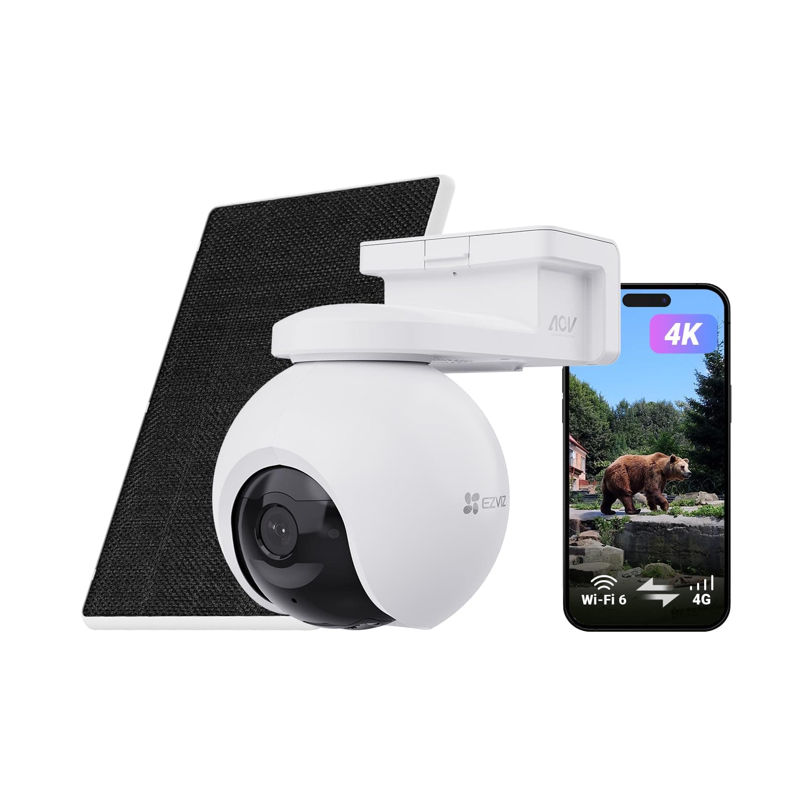 EZVIZ 4K Camara Vigilancia Exterior 4G WiFi Dual de Batería con Solar, 360° PTZ con AOV, Detección de Animal Salvaje/Persona/Vehículo, Visión Nocturna, Seguimiento con Zoom, EB8 Pro 4G+Panel Solar 8W