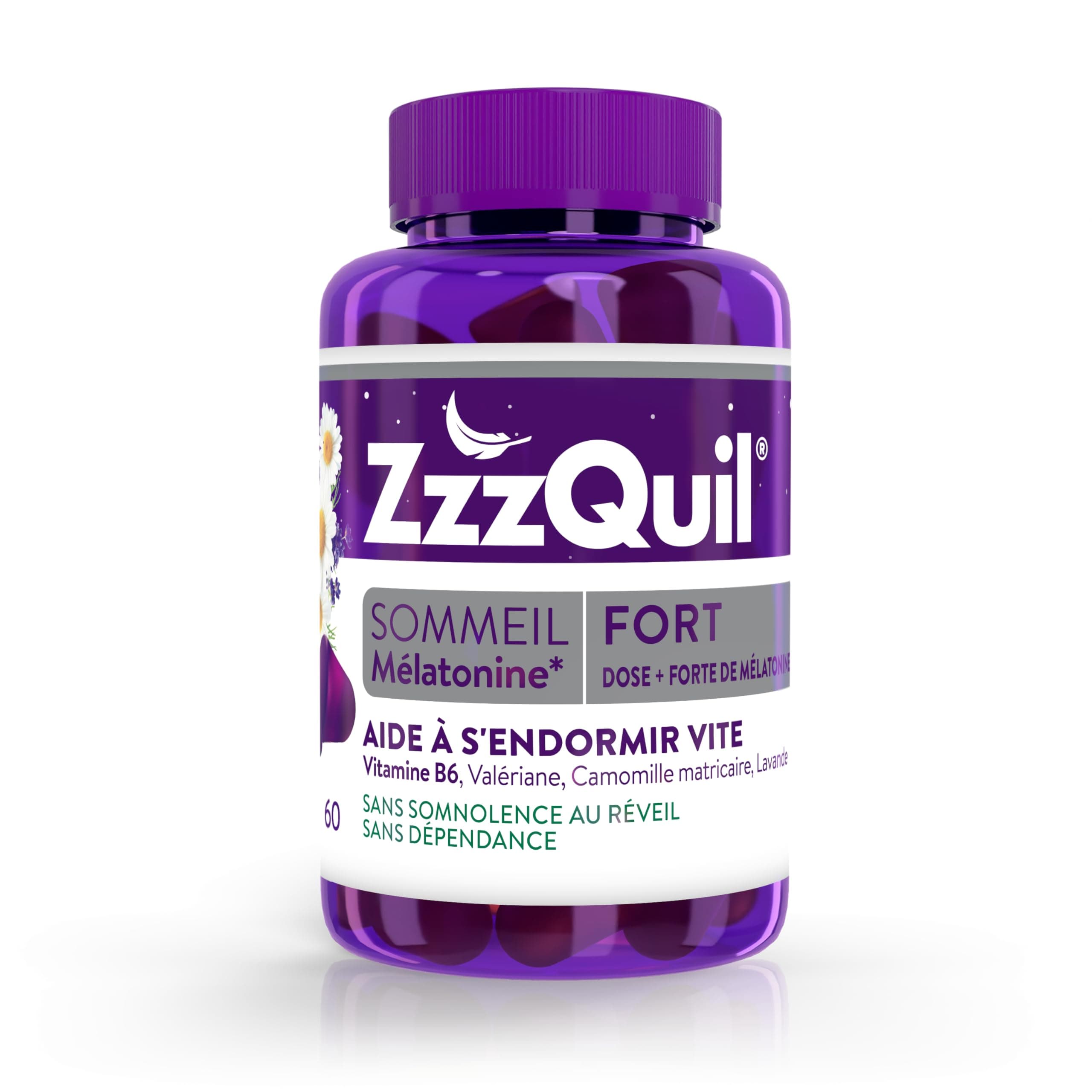 ZzzQuil Sommeil Fort - Gommes arôme naturel fruits des bois - Complément alimentaire à base de valériane, camomille matricaire, lavande, vitamine B6 et de mélatonine - 60 gommes