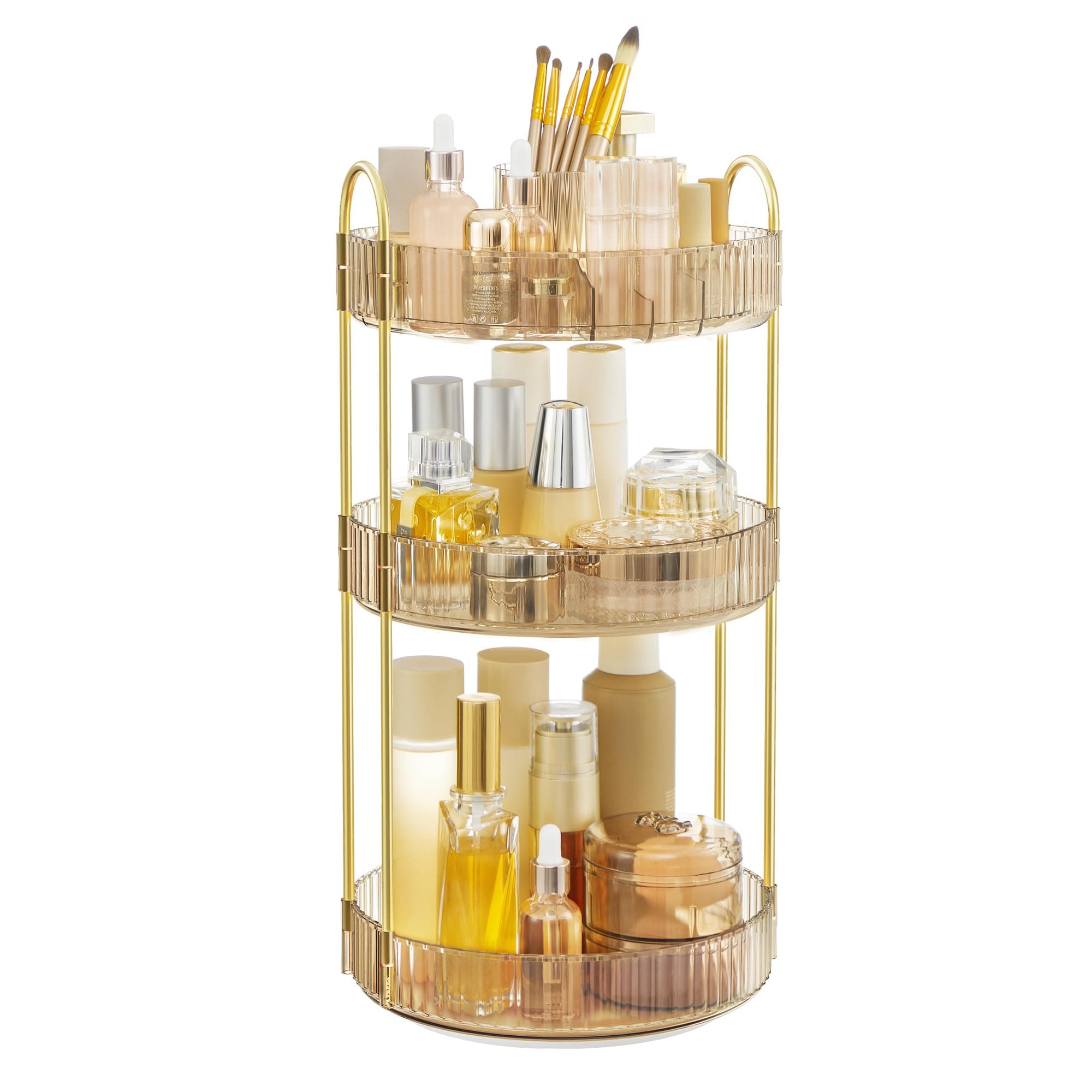 SONGMICS Make-up Organizer drehbar, Kosmetik-Organizer rund, 3 Ebenen, Kosmetik Aufbewahrung, anpassbar, für Schminktisch, Geschenkidee, Champagnergold JKA011A01