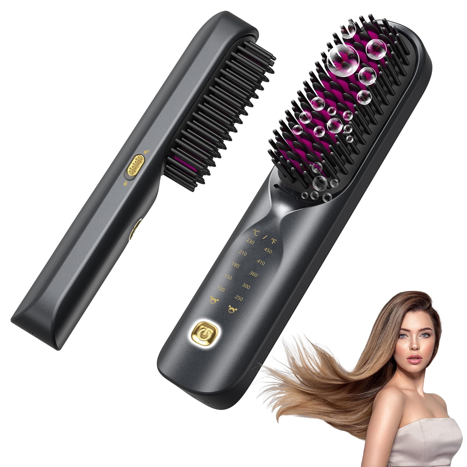 Bopcal Brosse Lissante pour Cheveux 10000mAh - 3 in 1 Brosse Lissante Sans Fil, Fer a Lisser 300 Millions d'ions Négatifs, Mini Lisseur 30S Chauffage, Céramique Anti-BrûLure, pour Voyage & Powerbank