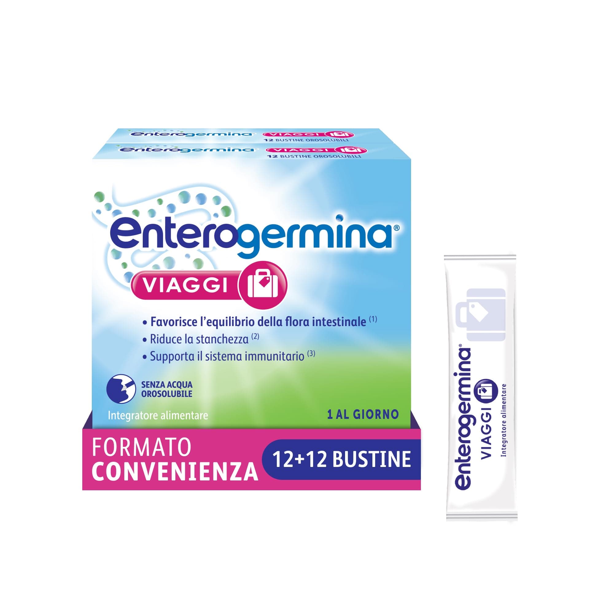 Enterogermina Viaggi, Vitamina b12, Vitamina d, Fermenti Lattici Probiotici, per Adulti - Integratori per Flora Intestinale in Viaggio, Stanchezza e Sistema Immunitario (24 Bustine Gusto Fragola)