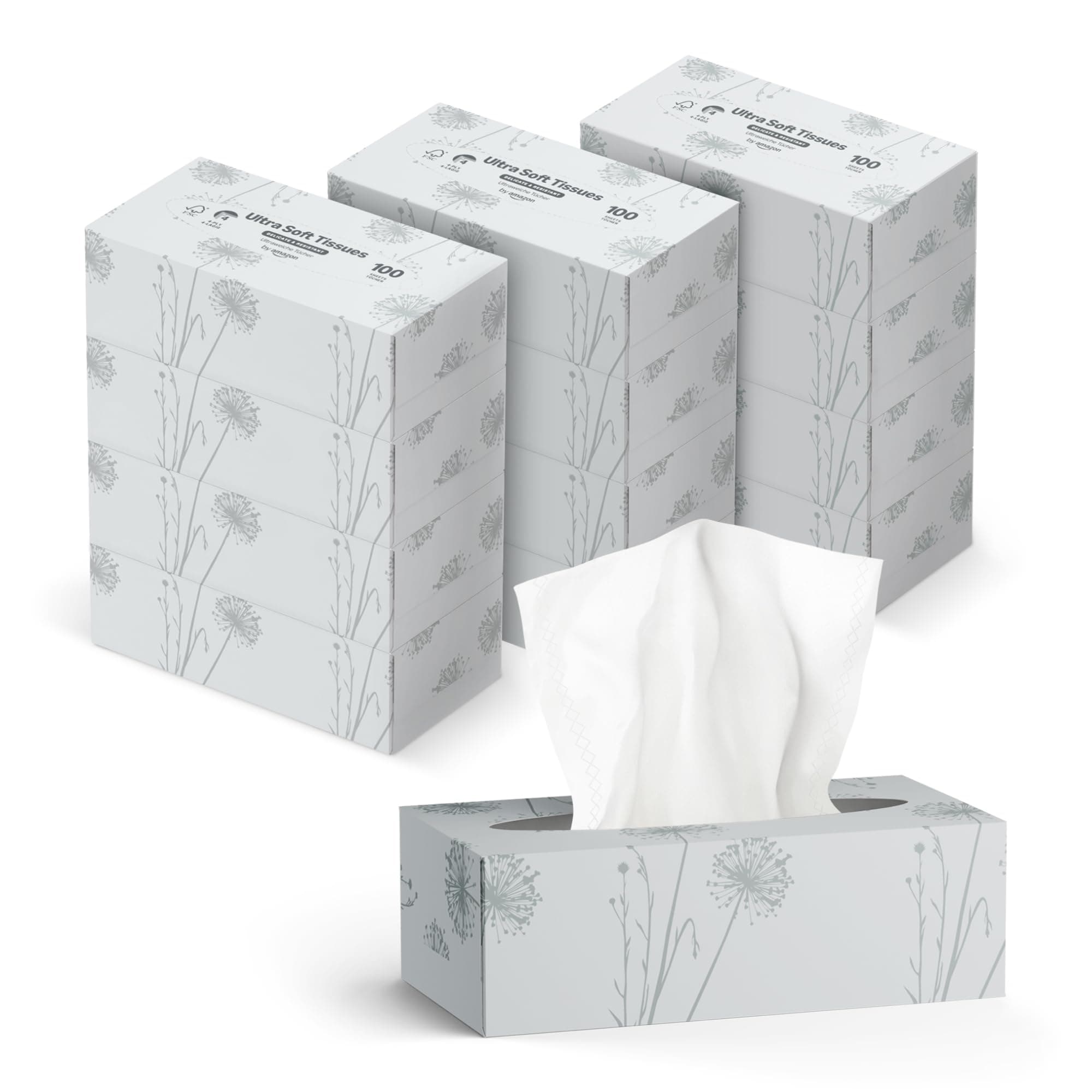 by Amazon Mouchoirs en Papier 4 Épaisseurs, 1 200 Feuilles (12 Paquets de 100 Feuilles)