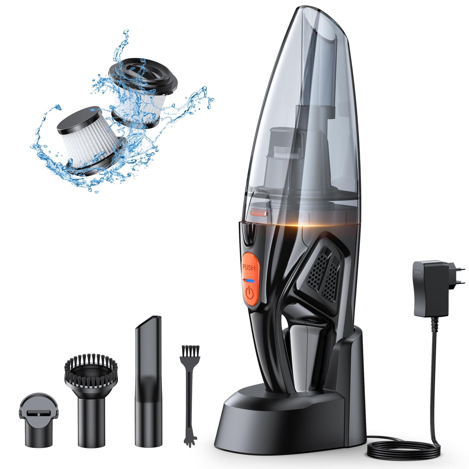 Rolgno Aspirateur à Main, Rechargeable 9KPA Aspirateur Voiture Puissant sans Fil avec [Socle Charge Rapide & Lumière LED], 2 Filtres HEPA, Aspirateurs de Table pour Canapé/Maison/Tapis/Escaliers
