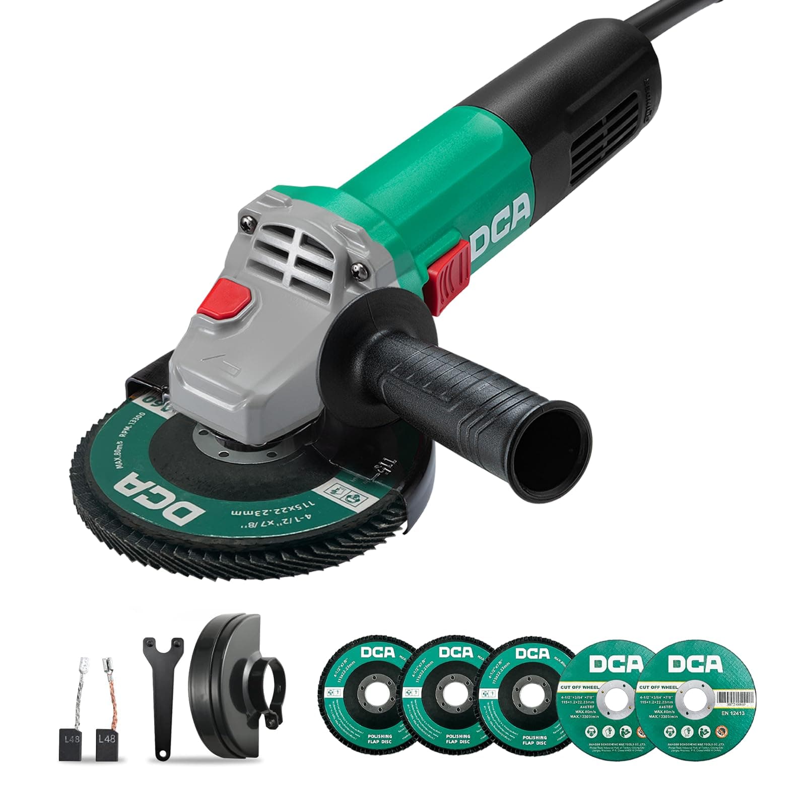 DCA Smerigliatrice Angolare 860W 125 mm, 11.800 giri/min, Corpo Ultra-Sottile (Circonferenza 178 mm), Testata Ingranaggi Compatta, 1,6 kg Leggera Flessibile per Taglio e Smerigliatura