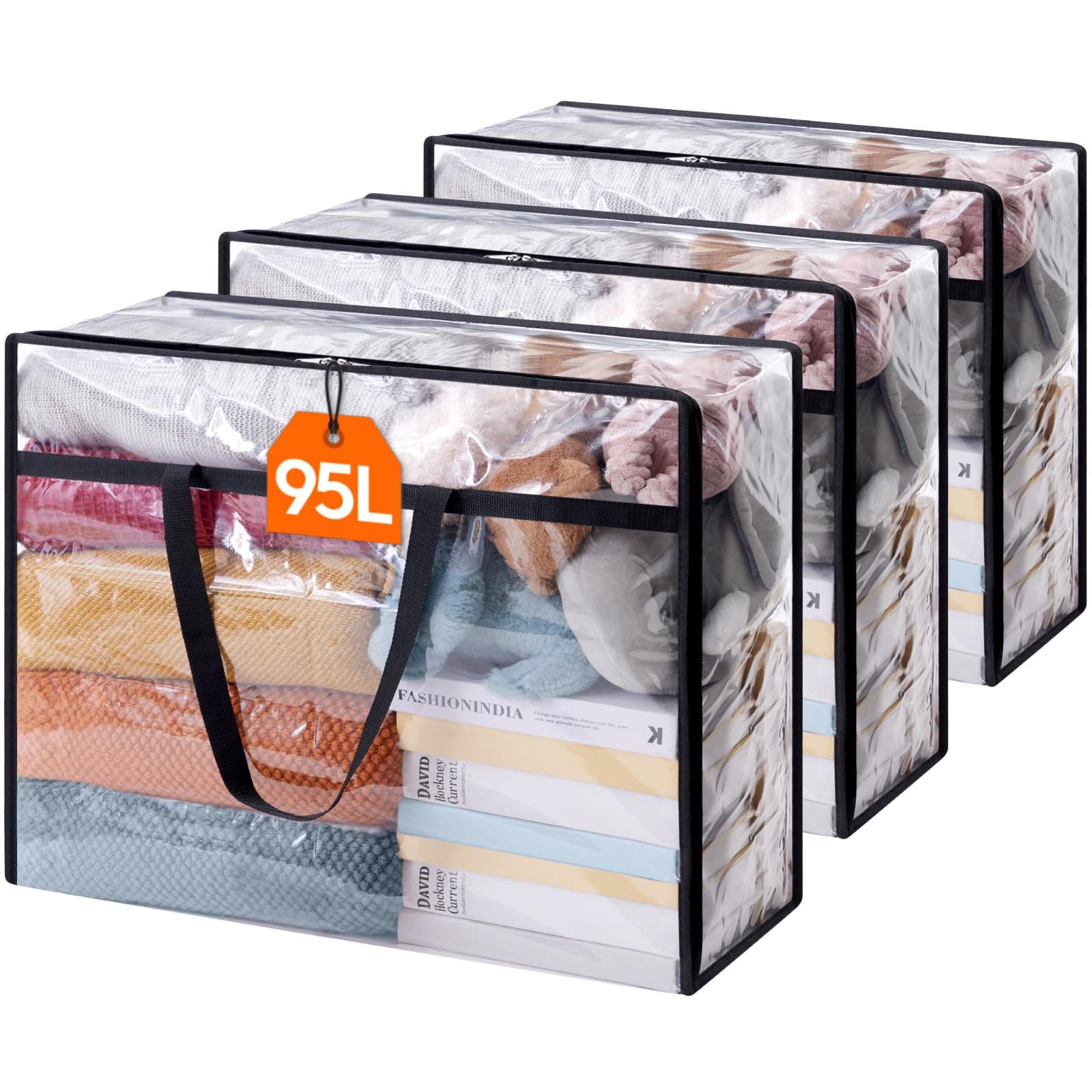 Lifewit Sac de Rangement Transparent, Sac Rangement Vetement en PVC, Housse de Couette Pliable avec Poignées, Boite rangement pour Demenagement, Vêtements, Couvertures, Jouets, Livres, 95 L, Lot de 3