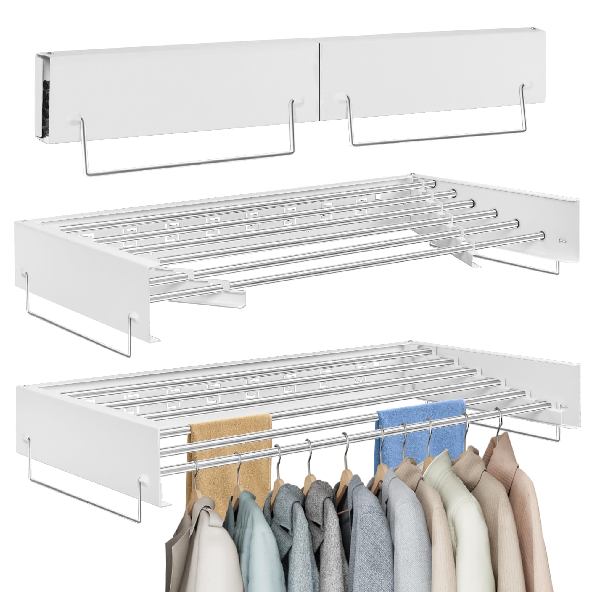 OUUTMEE 100CM Séchoir à Linge Mural, Étendoir à Linge Pliable pour Intérieur et Extérieur, Rétractable Etendoir Linge Mural avec 6 Tiges, Economiseur d'Espace Design (Blanc)