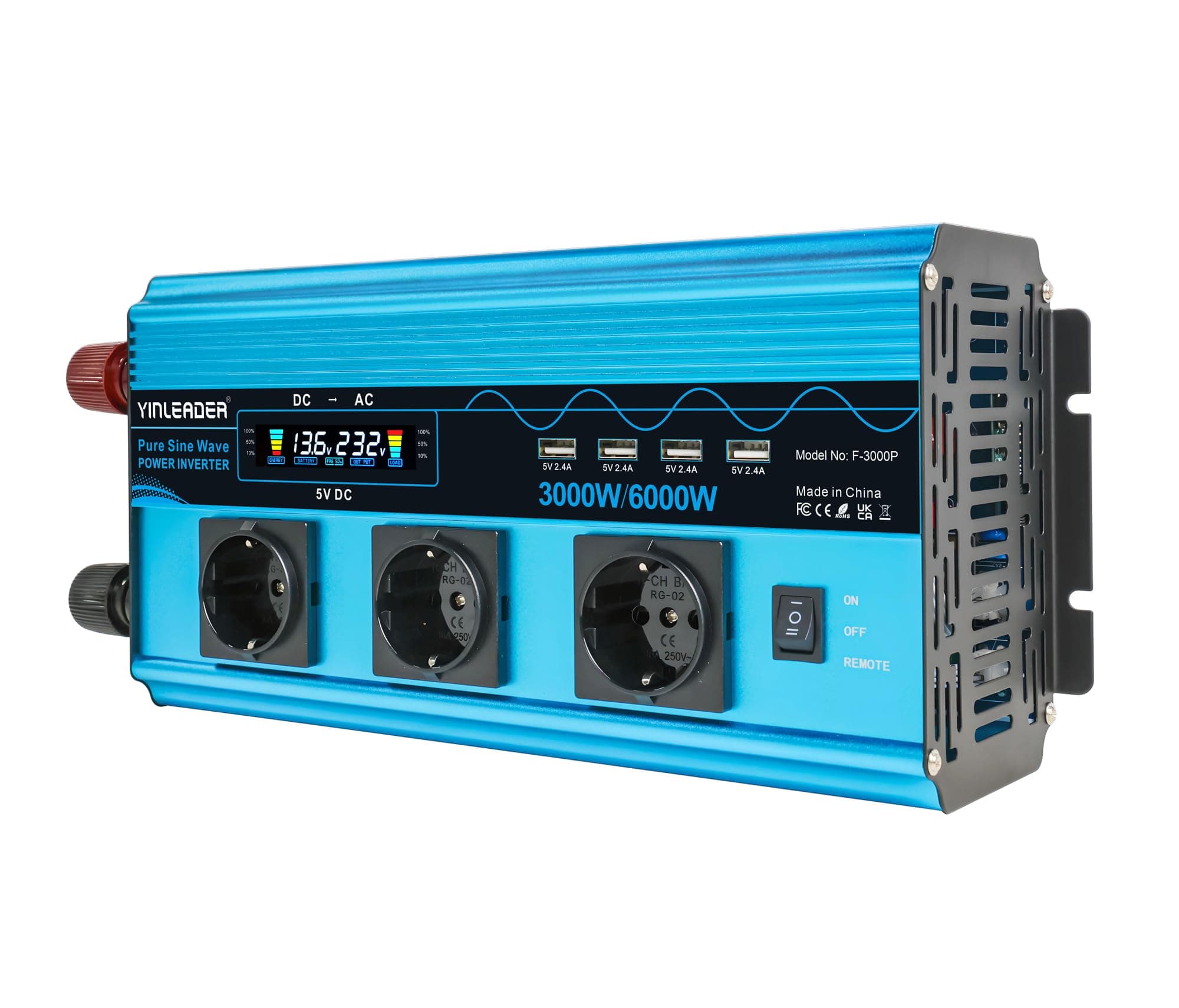 Yinleader Convertisseur 12v 220v Pur Sinus 3000W/6000W Onduleur Pur Sinus 3 européennes sockets et 4 Ports USB LCD Affichage de la Tension (avec télécommande)
