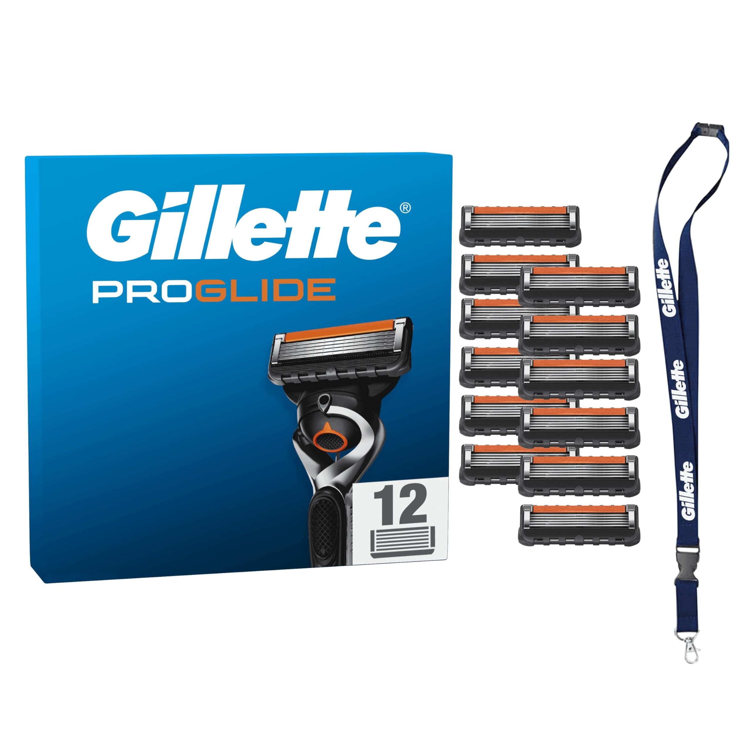 Gillette Lot De 12 Recharges De Rasoir Pour Hommes Proglide,AUTHENTIQUES,Cartouche A 5 Lames Ultra-Affutées, Nouvelle Lubrification,Bande Lubrifiante x2, Rasage Du Visage Flexible, Avec Un Porte-Clés