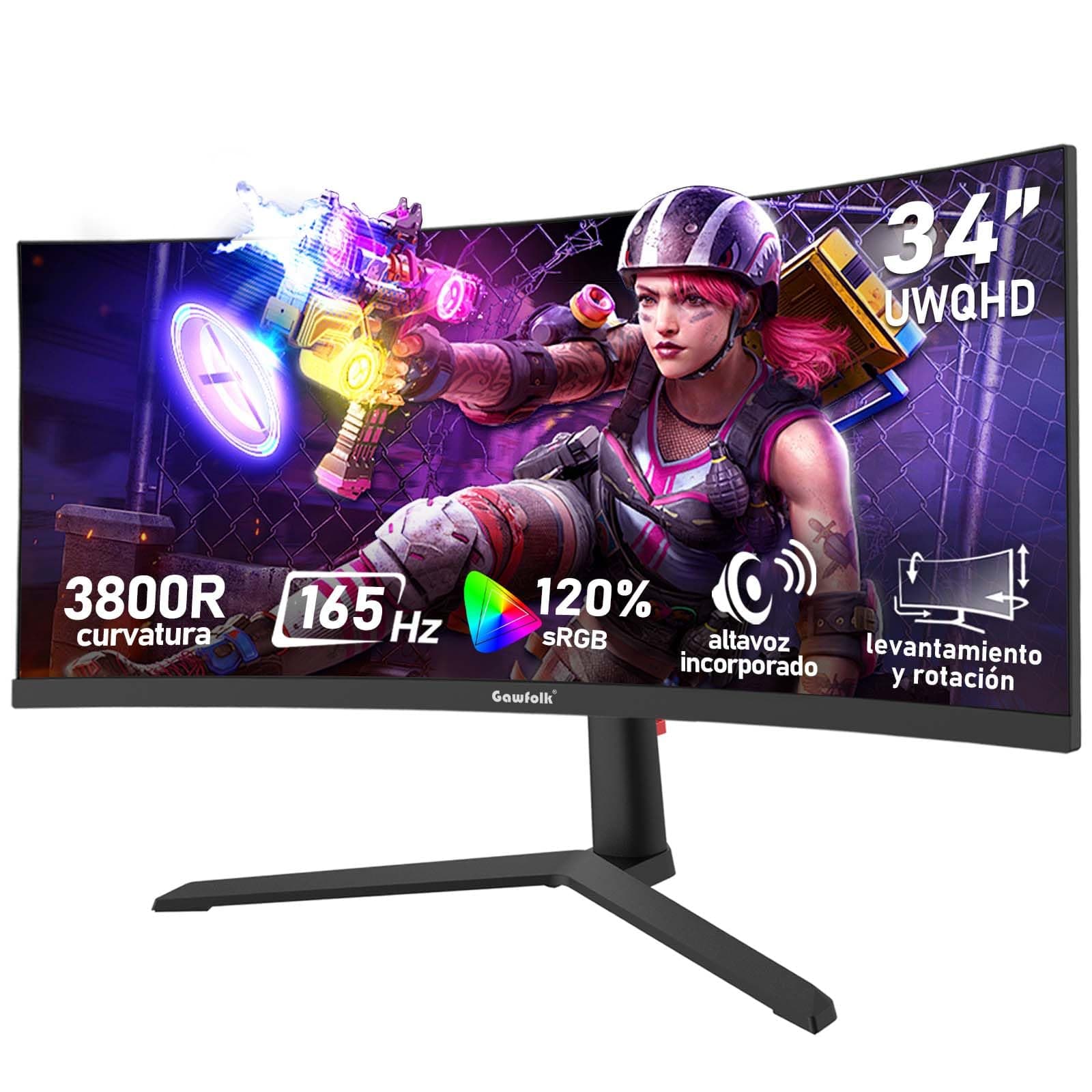 Gawfolk Monitor Gaming Curvo ultrawide de 34 Pulgadas, 165 Hz, Pantalla 3800R 21:9 UWQHD (3440×1440), 120% sRGB, 1 ms, Adaptive Sync, DisplayPort, HDMI, Soporte Ajustable en Altura - Negro