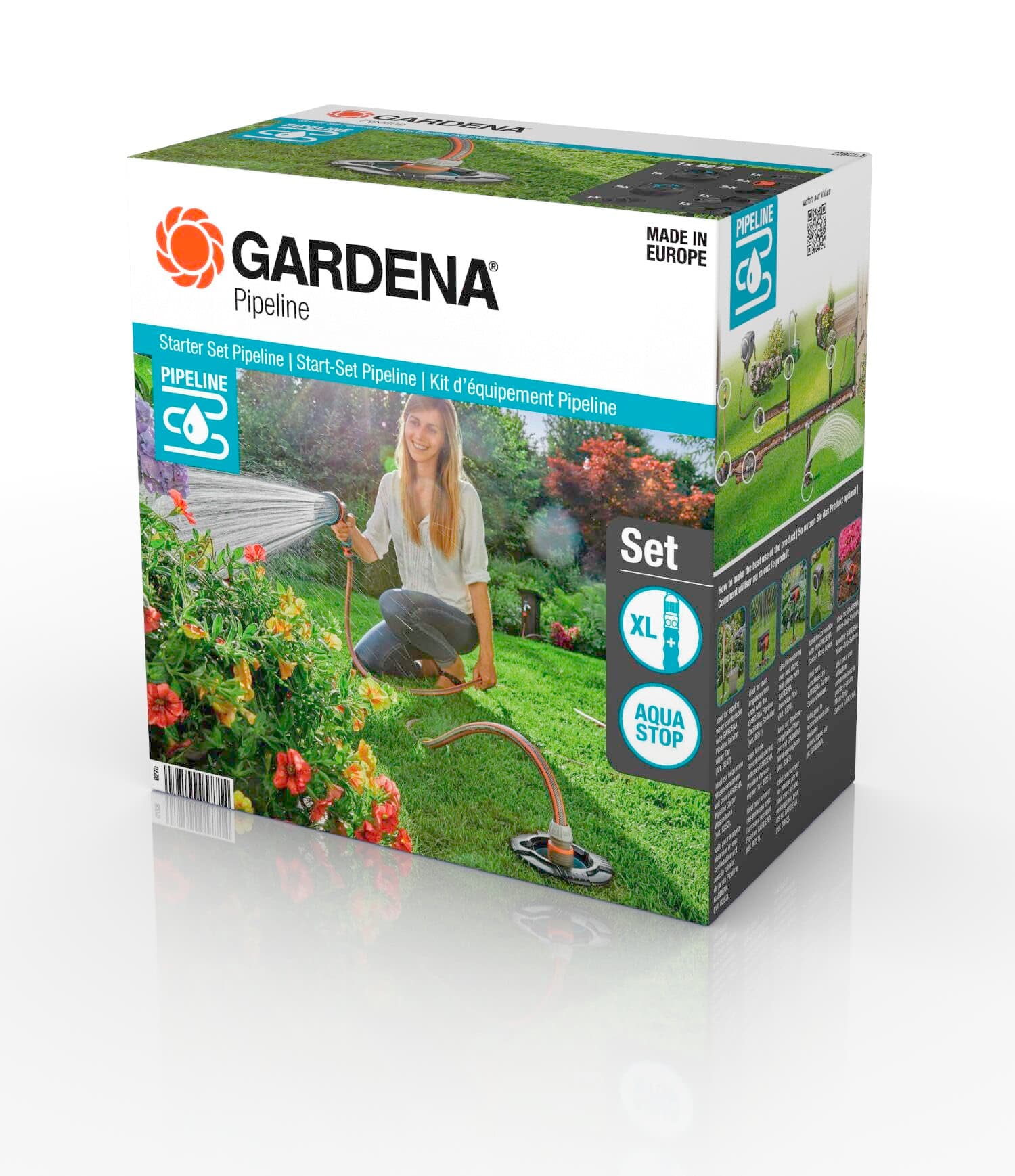 Gardena Sprinklersystem Start-Set Pipeline: Komplettset für den Einstieg in das Pipeline-System, Wasserentnahme rund um Haus und Garten, unterirdische Montage (08270-20) - blau/orange