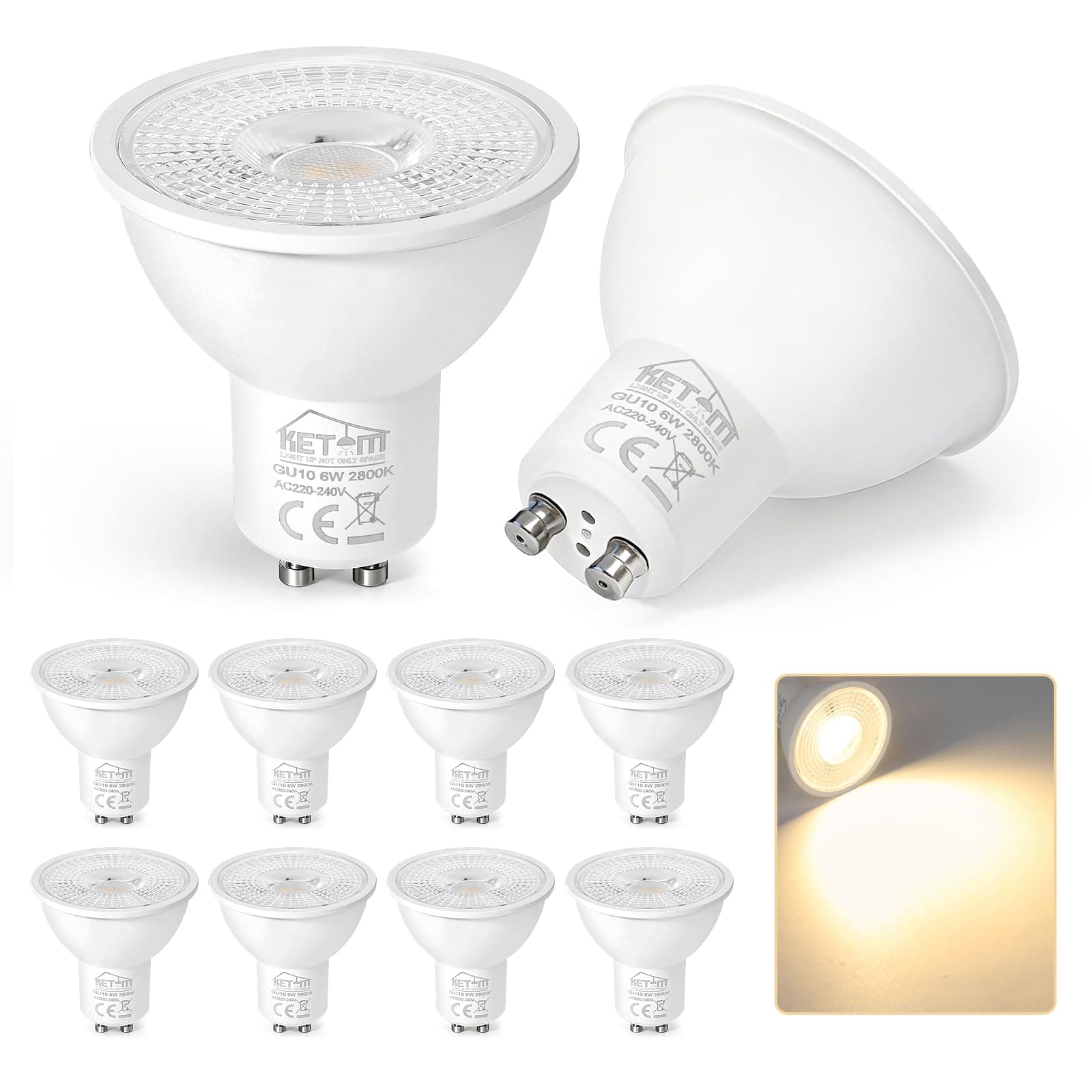 Ketom Lampadine LED GU10 2800K, Faretti LED GU10 Luce Calda, Lampadina 6W (Equivalenti a 60W), 480 Lumen, 120° Angolo del Fascio, Non Dimmerabili, 10 Pezzi